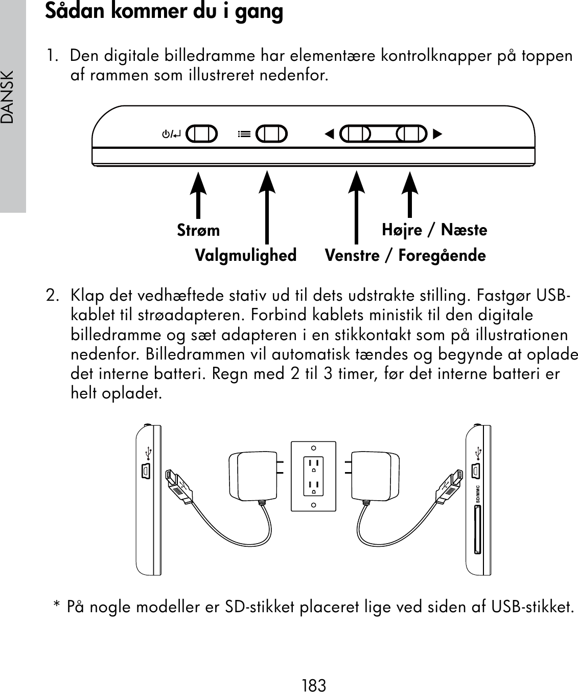 183DANSK1.  Den digitale billedramme har elementære kontrolknapper på toppen af rammen som illustreret nedenfor.                                                              2.  Klap det vedhæftede stativ ud til dets udstrakte stilling. Fastgør USB-kablet til strøadapteren. Forbind kablets ministik til den digitale billedramme og sæt adapteren i en stikkontakt som på illustrationen nedenfor. Billedrammen vil automatisk tændes og begynde at oplade det interne batteri. Regn med 2 til 3 timer, før det interne batteri er helt opladet.* På nogle modeller er SD-stikket placeret lige ved siden af USB-stikket.StrømValgmulighed Venstre / ForegåendeHøjre / NæsteSådan kommer du i gang