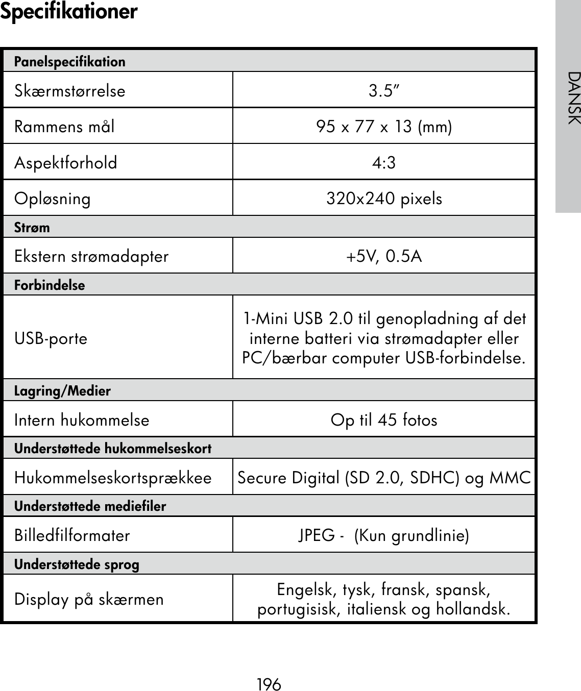 196DANSKPanelspecifikationSkærmstørrelse 3.5”Rammens mål 95 x 77 x 13 (mm)Aspektforhold 4:3Opløsning 320x240 pixelsStrømEkstern strømadapter +5V, 0.5A ForbindelseUSB-porte 1-Mini USB 2.0 til genopladning af det interne batteri via strømadapter eller PC/bærbar computer USB-forbindelse.Lagring/MedierIntern hukommelse Op til 45 fotosUnderstøttede hukommelseskortHukommelseskortsprækkee Secure Digital (SD 2.0, SDHC) og MMCUnderstøttede mediefilerBilledfilformater   JPEG -  (Kun grundlinie)Understøttede sprogDisplay på skærmen Engelsk, tysk, fransk, spansk, portugisisk, italiensk og hollandsk.Specifikationer