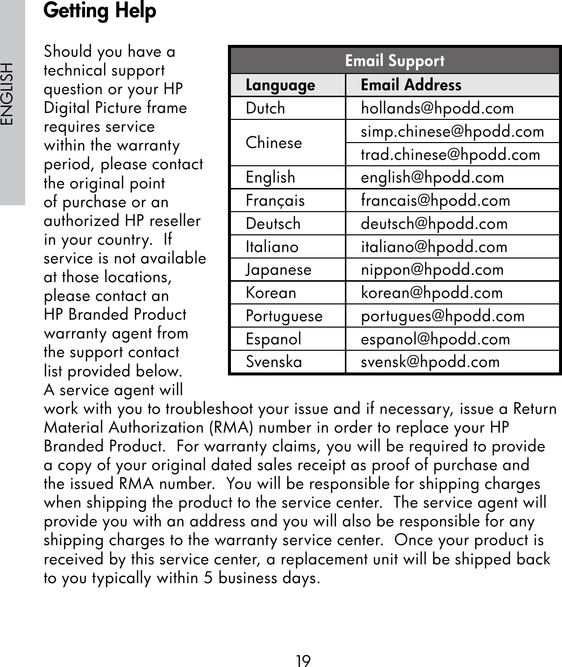 19ENGLISHShould you have a technical support question or your HP Digital Picture frame requires service within the warranty period, please contact the original point of purchase or an authorized HP reseller in your country.  If service is not available at those locations, please contact an HP Branded Product warranty agent from the support contact list provided below.  A service agent will work with you to troubleshoot your issue and if necessary, issue a Return Material Authorization (RMA) number in order to replace your HP Branded Product.  For warranty claims, you will be required to provide a copy of your original dated sales receipt as proof of purchase and the issued RMA number.  You will be responsible for shipping charges when shipping the product to the service center.  The service agent will provide you with an address and you will also be responsible for any shipping charges to the warranty service center.  Once your product is received by this service center, a replacement unit will be shipped back to you typically within 5 business days.Email SupportLanguage Email AddressDutch hollands@hpodd.comChinese simp.chinese@hpodd.comtrad.chinese@hpodd.comEnglish english@hpodd.comFrançais francais@hpodd.comDeutsch deutsch@hpodd.comItaliano italiano@hpodd.comJapanese nippon@hpodd.comKorean korean@hpodd.comPortuguese portugues@hpodd.comEspanol espanol@hpodd.comSvenska svensk@hpodd.comGetting Help