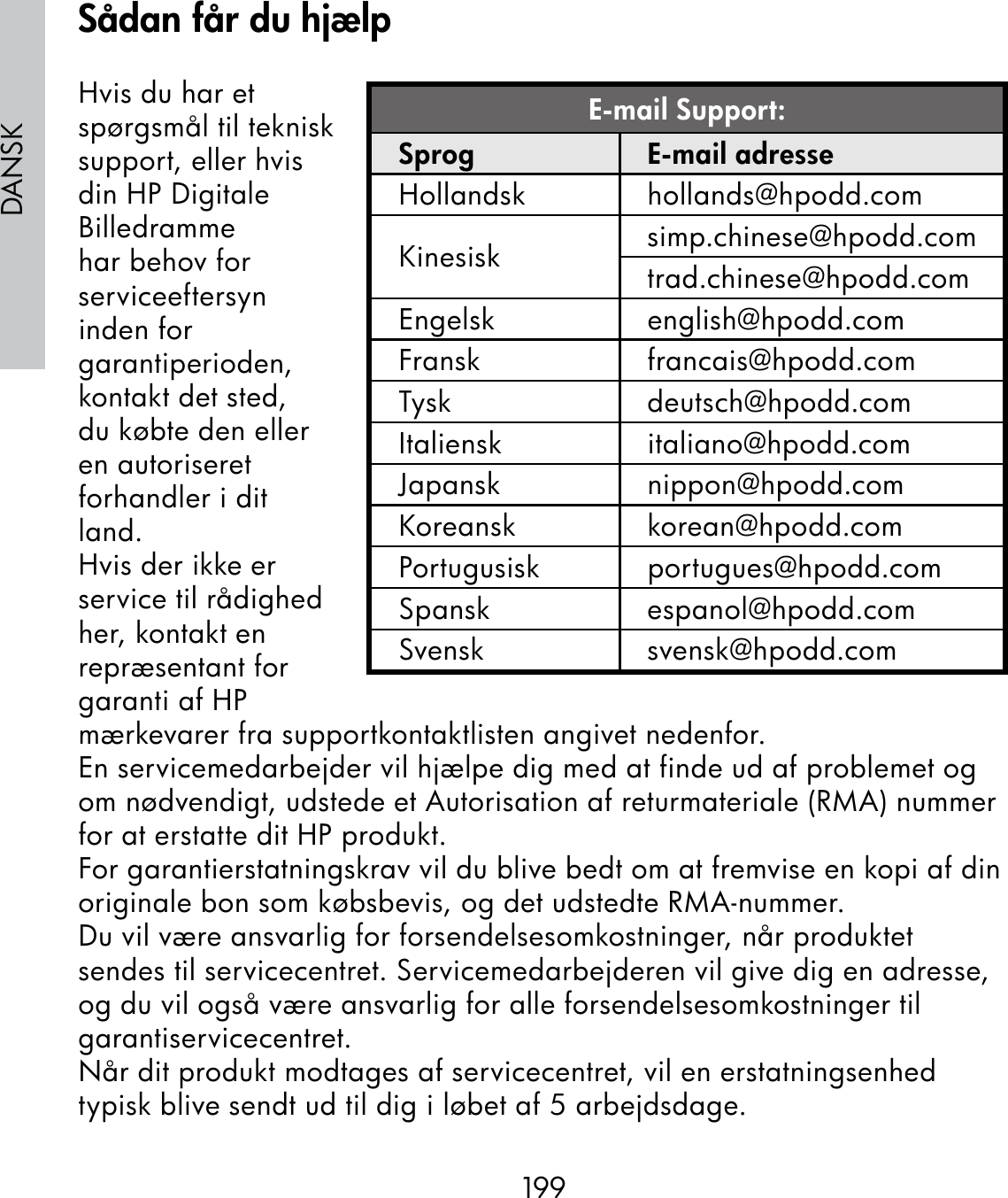 199DANSKHvis du har et spørgsmål til teknisk support, eller hvis din HP Digitale Billedramme har behov for serviceeftersyn inden for garantiperioden, kontakt det sted, du købte den eller en autoriseret forhandler i dit land.Hvis der ikke er service til rådighed her, kontakt en repræsentant for garanti af HP mærkevarer fra supportkontaktlisten angivet nedenfor.En servicemedarbejder vil hjælpe dig med at finde ud af problemet og om nødvendigt, udstede et Autorisation af returmateriale (RMA) nummer for at erstatte dit HP produkt. For garantierstatningskrav vil du blive bedt om at fremvise en kopi af din originale bon som købsbevis, og det udstedte RMA-nummer.Du vil være ansvarlig for forsendelsesomkostninger, når produktet sendes til servicecentret. Servicemedarbejderen vil give dig en adresse, og du vil også være ansvarlig for alle forsendelsesomkostninger til garantiservicecentret.Når dit produkt modtages af servicecentret, vil en erstatningsenhed typisk blive sendt ud til dig i løbet af 5 arbejdsdage.E-mail Support:Sprog E-mail adresseHollandsk hollands@hpodd.comKinesisk simp.chinese@hpodd.comtrad.chinese@hpodd.comEngelsk english@hpodd.comFransk francais@hpodd.comTysk deutsch@hpodd.comItaliensk italiano@hpodd.comJapansk nippon@hpodd.comKoreansk korean@hpodd.comPortugusisk portugues@hpodd.comSpansk espanol@hpodd.comSvensk svensk@hpodd.comSådan får du hjælp
