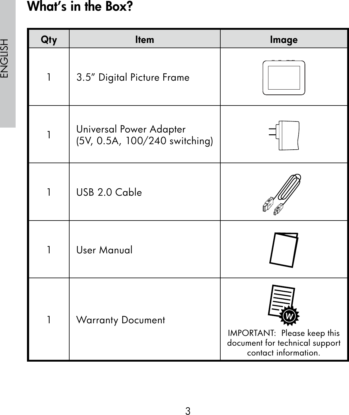 3ENGLISHQty Item Image1 3.5” Digital Picture Frame1Universal Power Adapter(5V, 0.5A, 100/240 switching)1 USB 2.0 Cable1 User Manual1 Warranty DocumentIMPORTANT:  Please keep this document for technical support contact information.What’s in the Box?