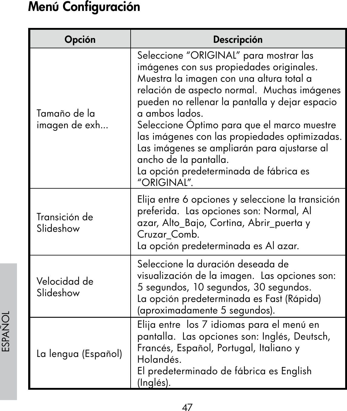 47ESPAÑOLOpción DescripciónTamaño de la imagen de exh...Seleccione “ORIGINAL” para mostrar las imágenes con sus propiedades originales.  Muestra la imagen con una altura total a relación de aspecto normal.  Muchas imágenes pueden no rellenar la pantalla y dejar espacio a ambos lados.Seleccione Óptimo para que el marco muestre las imágenes con las propiedades optimizadas.  Las imágenes se ampliarán para ajustarse al ancho de la pantalla.La opción predeterminada de fábrica es “ORIGINAL”.Transición de SlideshowElija entre 6 opciones y seleccione la transición preferida.  Las opciones son: Normal, Al azar, Alto_Bajo, Cortina, Abrir_puerta y Cruzar_Comb.La opción predeterminada es Al azar.Velocidad de SlideshowSeleccione la duración deseada de visualización de la imagen.  Las opciones son: 5 segundos, 10 segundos, 30 segundos.La opción predeterminada es Fast (Rápida) (aproximadamente 5 segundos).La lengua (Español)Elija entre  los 7 idiomas para el menú en pantalla.  Las opciones son: Inglés, Deutsch, Francés, Español, Portugal, Italiano y Holandés.El predeterminado de fábrica es English (Inglés).Menú Configuración