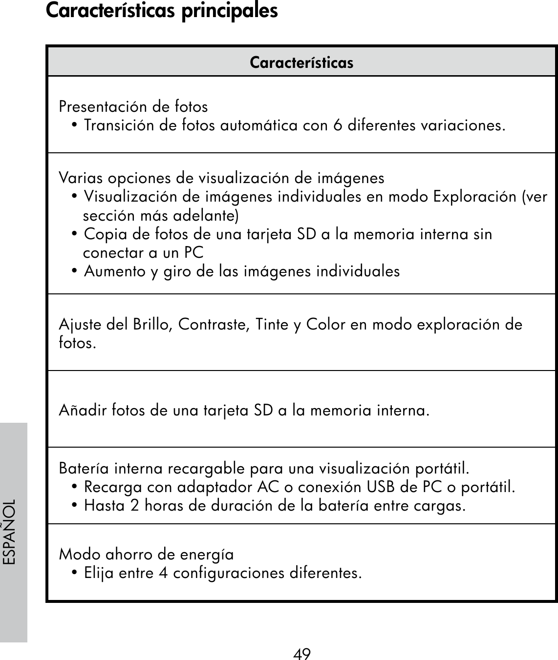 49ESPAÑOLCaracterísticasPresentación de fotos• Transición de fotos automática con 6 diferentes variaciones.Varias opciones de visualización de imágenes• Visualización de imágenes individuales en modo Exploración (ver sección más adelante)• Copia de fotos de una tarjeta SD a la memoria interna sin conectar a un PC• Aumento y giro de las imágenes individualesAjuste del Brillo, Contraste, Tinte y Color en modo exploración de fotos.Añadir fotos de una tarjeta SD a la memoria interna.Batería interna recargable para una visualización portátil.• Recarga con adaptador AC o conexión USB de PC o portátil.• Hasta 2 horas de duración de la batería entre cargas. Modo ahorro de energía• Elija entre 4 configuraciones diferentes.Características principales