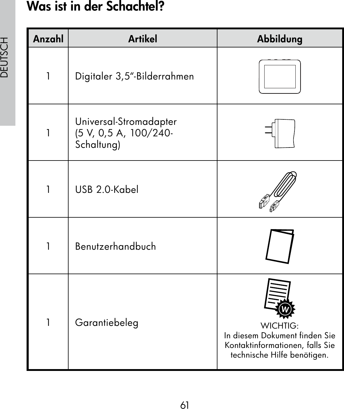 61DEUTSCHAnzahl Artikel Abbildung1 Digitaler 3,5“-Bilderrahmen1Universal-Stromadapter(5 V, 0,5 A, 100/240-Schaltung)1 USB 2.0-Kabel1 Benutzerhandbuch1 Garantiebeleg WICHTIG:In diesem Dokument finden Sie Kontaktinformationen, falls Sie technische Hilfe benötigen.Was ist in der Schachtel?