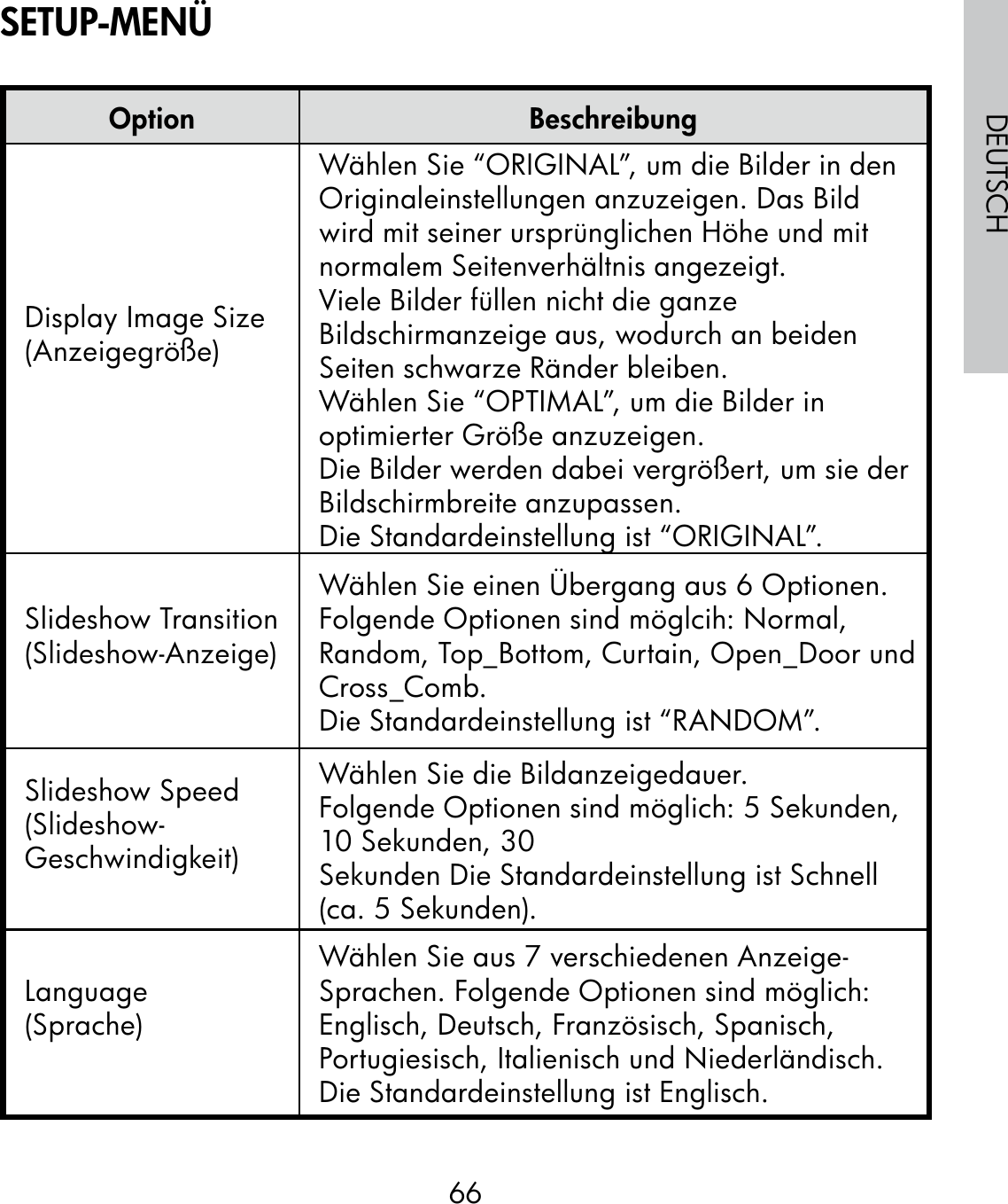 66DEUTSCHOption BeschreibungDisplay Image Size(Anzeigegröße)Wählen Sie “ORIGINAL”, um die Bilder in den Originaleinstellungen anzuzeigen. Das Bild wird mit seiner ursprünglichen Höhe und mit normalem Seitenverhältnis angezeigt.Viele Bilder füllen nicht die ganze Bildschirmanzeige aus, wodurch an beiden Seiten schwarze Ränder bleiben. Wählen Sie “OPTIMAL”, um die Bilder in optimierter Größe anzuzeigen.Die Bilder werden dabei vergrößert, um sie der Bildschirmbreite anzupassen. Die Standardeinstellung ist “ORIGINAL”.Slideshow Transition(Slideshow-Anzeige)Wählen Sie einen Übergang aus 6 Optionen.  Folgende Optionen sind möglcih: Normal, Random, Top_Bottom, Curtain, Open_Door und Cross_Comb. Die Standardeinstellung ist “RANDOM”. Slideshow Speed(Slideshow-Geschwindigkeit)Wählen Sie die Bildanzeigedauer.Folgende Optionen sind möglich: 5 Sekunden, 10 Sekunden, 30Sekunden Die Standardeinstellung ist Schnell (ca. 5 Sekunden).Language(Sprache)Wählen Sie aus 7 verschiedenen Anzeige-Sprachen. Folgende Optionen sind möglich: Englisch, Deutsch, Französisch, Spanisch, Portugiesisch, Italienisch und Niederländisch. Die Standardeinstellung ist Englisch.SETUP-MENÜ