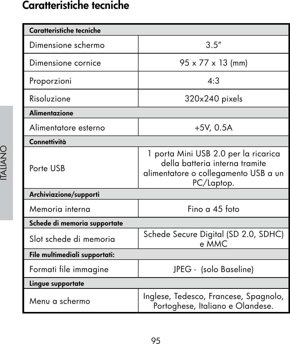 95ITALIANOCaratteristiche tecnicheDimensione schermo 3.5”Dimensione cornice 95 x 77 x 13 (mm)Proporzioni 4:3Risoluzione 320x240 pixelsAlimentazioneAlimentatore esterno +5V, 0.5A ConnettivitàPorte USB1 porta Mini USB 2.0 per la ricarica della batteria interna tramite alimentatore o collegamento USB a un PC/Laptop.Archiviazione/supportiMemoria interna Fino a 45 fotoSchede di memoria supportateSlot schede di memoria  Schede Secure Digital (SD 2.0, SDHC) e MMCFile multimediali supportati:Formati file immagine JPEG -  (solo Baseline)Lingue supportateMenu a schermo Inglese, Tedesco, Francese, Spagnolo, Portoghese, Italiano e Olandese.Caratteristiche tecniche