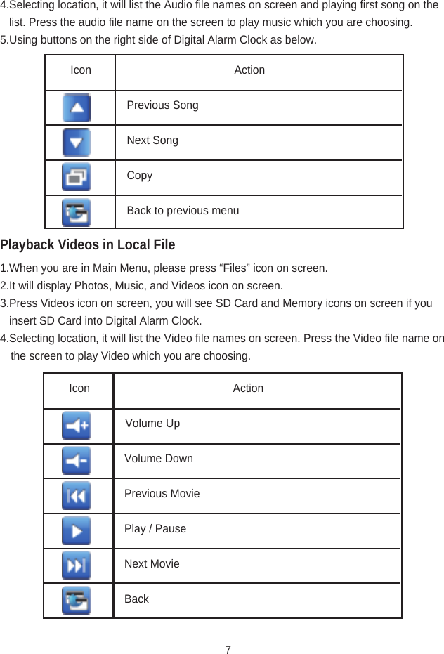 Playback Videos in Local File4.Selecting location, it will list the Audio file names on screen and playing first song on the                              list. Press the audio file name on the screen to play music which you are choosing.5.Using buttons on the right side of Digital Alarm Clock as below.1.When you are in Main Menu, please press “Files” icon on screen.2.It will display Photos, Music, and Videos icon on screen.3.Press Videos icon on screen, you will see SD Card and Memory icons on screen if you           insert SD Card into Digital Alarm Clock.4.Selecting location, it will list the Video file names on screen. Press the Video file name on        the screen to play Video which you are choosing.Icon                                     Action     Previous Song      Next Song       Copy      Back to previous menuIcon                                     Action     Volume Up                  Volume Down                  Previous Movie                      Play / Pause                                 Next Movie                  Back7