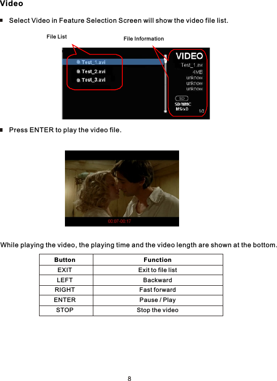 Video     Select Video in Feature Selection Screen will show the video file list.File List File Information     Press ENTER to play the video file.While playing the video, the playing time and the video length are shown at the bottom.ButtonEXITLEFTRIGHTENTERSTOPFunctionExit to file listBackwardFast forwardPause / PlayStop the video    