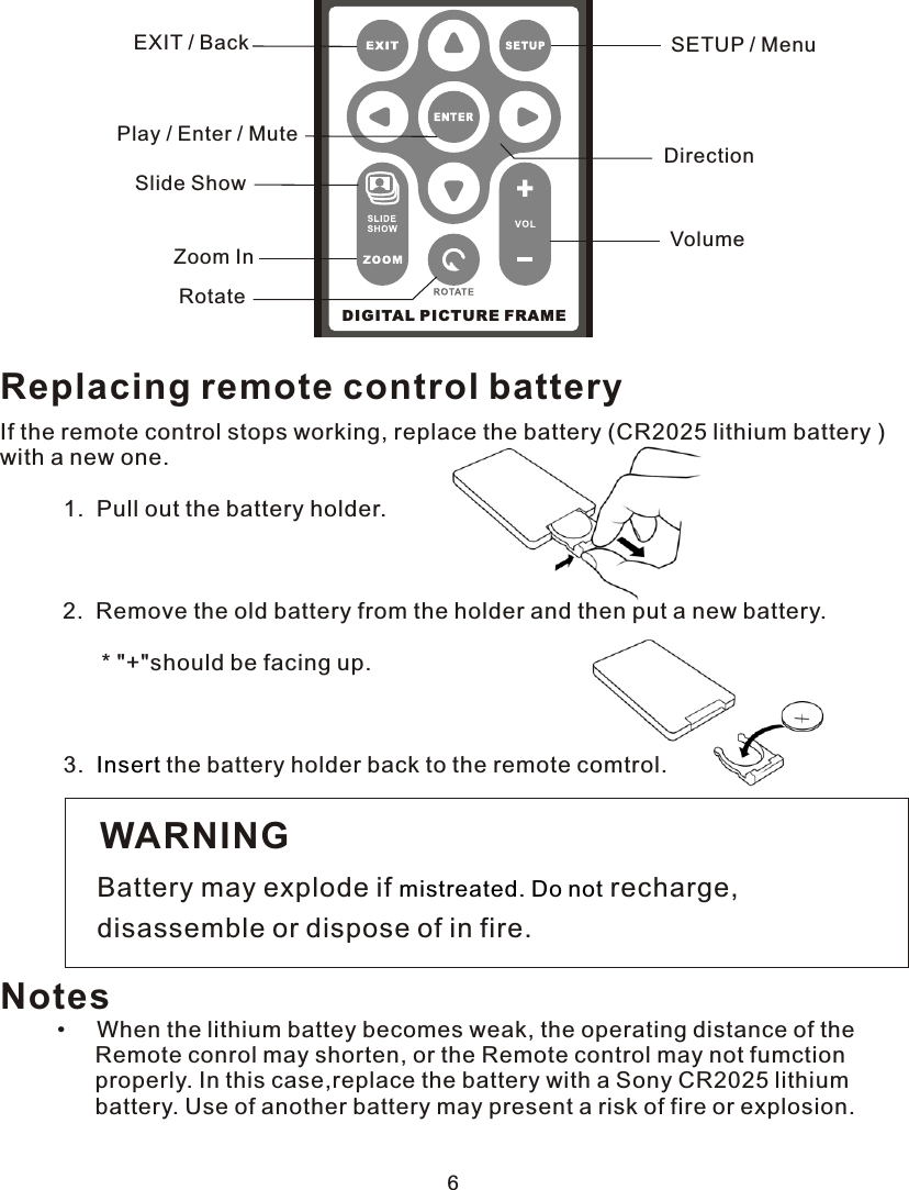 6DIGITAL PICTURE FRAMEEXIT / BackZoom InSETUP / MenuRotateVolumePlay / Enter / MuteSlide ShowDirectionReplacing remote control batteryIf the remote control stops working, replace the battery (CR2025 lithium battery )with a new one.          1.  Pull out the battery holder.    2.  Remove the old battery from the holder and then put a new battery.                * &quot;+&quot;should be facing up.          3.    the battery holder back to the remote comtrol. InsertWARNINGBattery may explode if   recharge,disassemble or dispose of in fire.mistreated. Do notNotes         •     When the lithium battey becomes weak, the operating distance of the                Remote conrol may shorten, or the Remote control may not fumction                properly. In this case,replace the battery with a Sony CR2025 lithium                battery. Use of another battery may present a risk of fire or explosion.