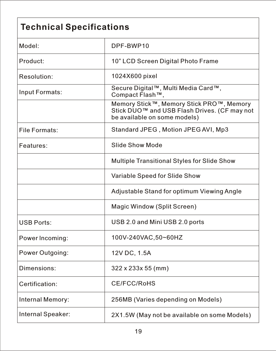 Technical SpecificationsModel: DPF-BWP10Product: 10” LCD Screen Digital Photo FrameResolution: 1024X600 pixelInput Formats: Secure Digital™, Multi Media Card™, Compact Flash™,Memory Stick™, Memory Stick PRO™, Memory Stick DUO™ and USB Flash Drives. (CF may not be available on some models)File Formats: Standard JPEG , Motion JPEG AVI, Mp3Features: Slide Show ModeMultiple Transitional Styles for Slide ShowVariable Speed for Slide ShowAdjustable Stand for optimum Viewing AngleMagic Window (Split Screen)USB Ports: USB 2.0 and Mini USB 2.0 portsPower lncoming: 100V-240VAC,50~60HZPower Outgoing: 12V DC, 1.5ADimensions: 322 x 233x 55 (mm)Certification: CE/FCC/RoHSInternal Memory: 256MB (Varies depending on Models)Internal Speaker: 2X1.5W (May not be available on some Models)19