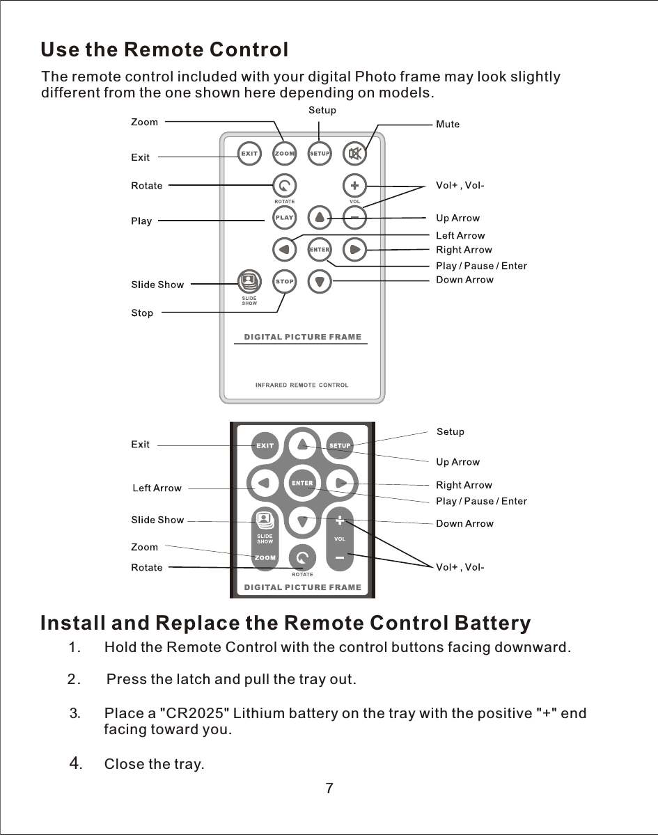 7Use the Remote ControlThe remote control included with your digital Photo frame may look slightly different from the one shown here depending on models.Install and Replace the Remote Control Battery   1.      Hold the Remote Control with the control buttons facing downward.            2.       Press the latch and pull the tray out.       3.    Place a &quot;CR2025&quot; Lithium battery on the tray with the positive &quot;+&quot; end             facing toward you.       4.     Close the tray.