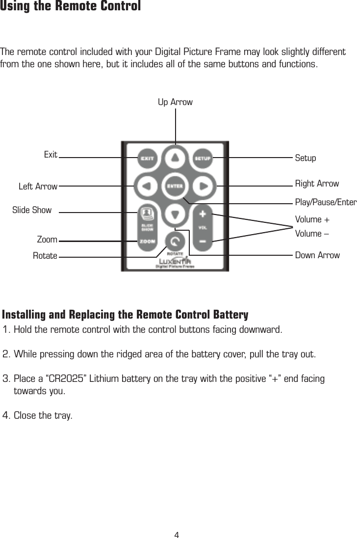 SetupRight ArrowPlay/Pause/EnterVolume +  Volume –Down ArrowExit Left Arrow Slide Show ZoomRotateUp Arrow         Using the Remote ControlThe remote control included with your Digital Picture Frame may look slightly different from the one shown here, but it includes all of the same buttons and functions.          Installing and Replacing the Remote Control Battery1. Hold the remote control with the control buttons facing downward. 2. While pressing down the ridged area of the battery cover, pull the tray out. 3. Place a “CR2025” Lithium battery on the tray with the positive “+” end facing          towards you. 4. Close the tray. 4