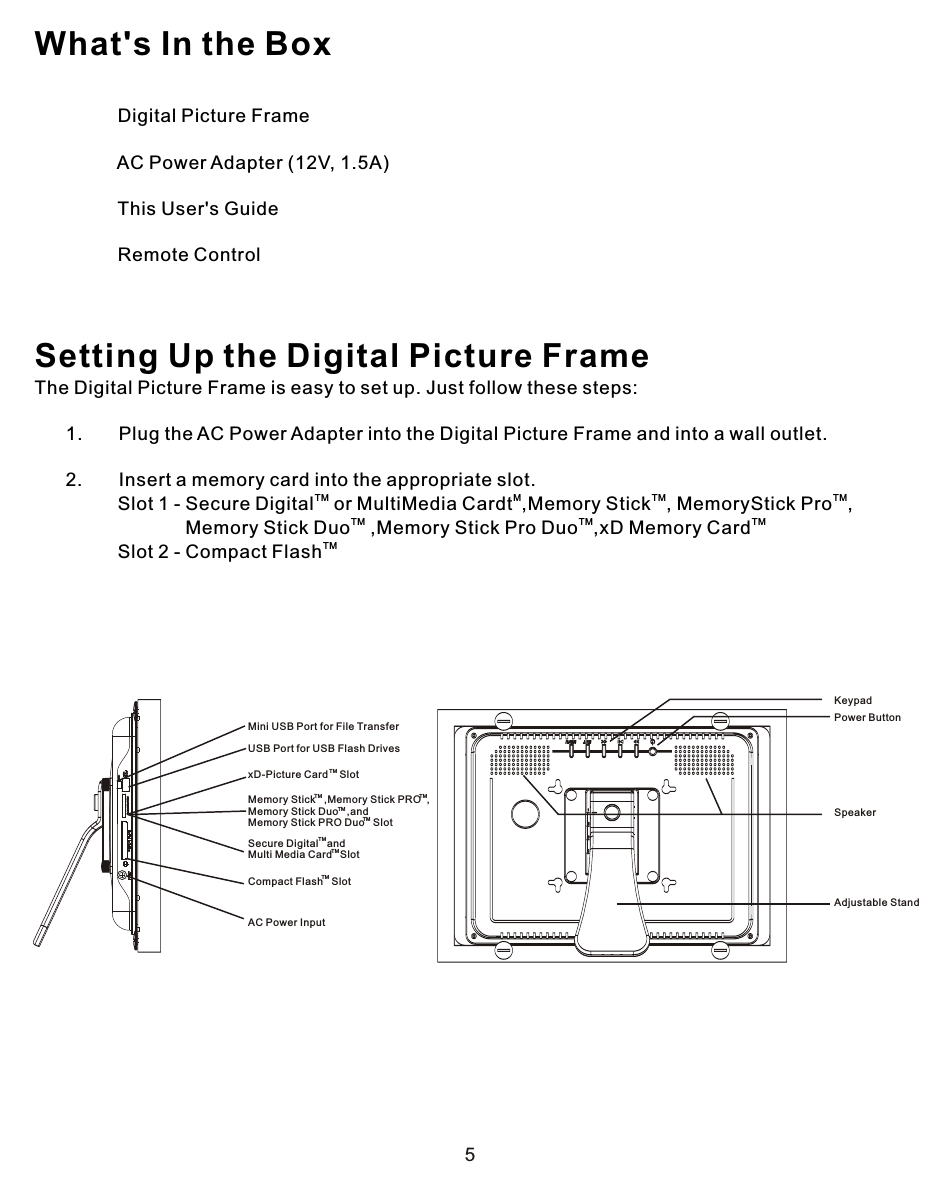 KeypadPower ButtonAdjustable StandSpeakerUSB Port for USB Flash DrivesMini USB Port for File TransferAC Power InputxD-Picture Card    SlotTMMemory Stick   ,Memory Stick PRO  ,Memory Stick Duo   ,andMemory Stick PRO Duo   SlotTMTMTMTMSecure Digital   andMulti Media Card  SlotTMTMCompact Flash   SlotTM5What&apos;s In the Box            Digital Picture Frame                AC Power Adapter (12V, 1.5A)                This User&apos;s Guide                Remote ControlSetting Up the Digital Picture FrameThe Digital Picture Frame is easy to set up. Just follow these steps:      1.       Plug the AC Power Adapter into the Digital Picture Frame and into a wall outlet.      2.       Insert a memory card into the appropriate slot.TM M TM TM                Slot 1 - Secure Digital  or MultiMedia Cardt ,Memory Stick , MemoryStick Pro , TM TM TM                             Memory Stick Duo  ,Memory Stick Pro Duo ,xD Memory Card                                 TMSlot 2 - Compact Flash