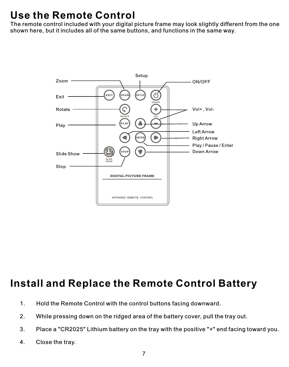 7Use the Remote ControlThe remote control included with your digital picture frame may look slightly different from the one shown here, but it includes all of the same buttons, and functions in the same way.  Install and Replace the Remote Control Battery               1.       Hold the Remote Control with the control buttons facing downward.      2.       While pressing down on the ridged area of the battery cover, pull the tray out.       3.       Place a &quot;CR2025&quot; Lithium battery on the tray with the positive &quot;+&quot; end facing toward you.      4.       Close the tray.DIGITAL PICTURE FRAMEON/OFF