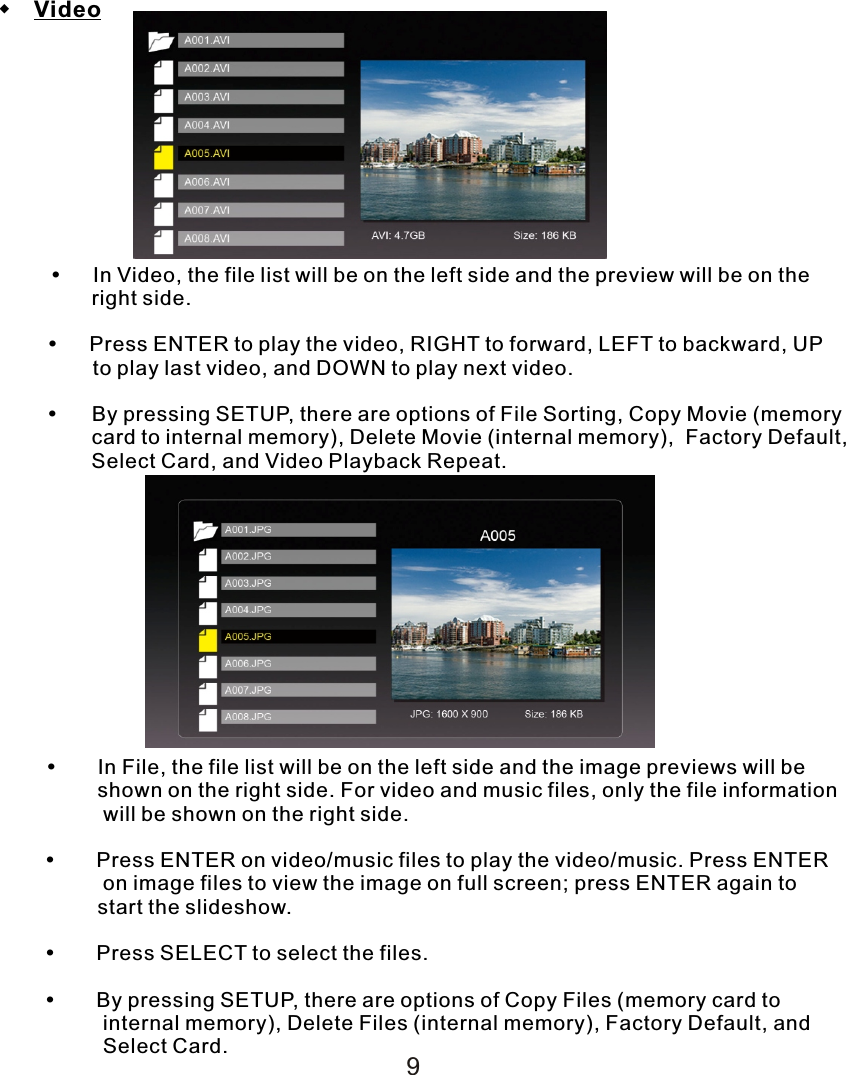  Video             In Video, the file list will be on the left side and the preview will be on the                right side.           Press ENTER to play the video, RIGHT to forward, LEFT to backward, UP           to play last video, and DOWN to play next video.             By pressing SETUP, there are options of File Sorting, Copy Movie (memory                 card to internal memory), Delete Movie (internal memory),  Factory Default,                 Select Card, and Video Playback Repeat.       In File, the file list will be on the left side and the image previews will be                 shown on the right side. For video and music files, only the file information                   will be shown on the right side.            Press ENTER on video/music files to play the video/music. Press ENTER      on image files to view the image on full screen; press ENTER again to                  start the slideshow.            Press SELECT to select the files.            By pressing SETUP, there are options of Copy Files (memory card to      internal memory), Delete Files (internal memory), Factory Default, and      Select Card. 9