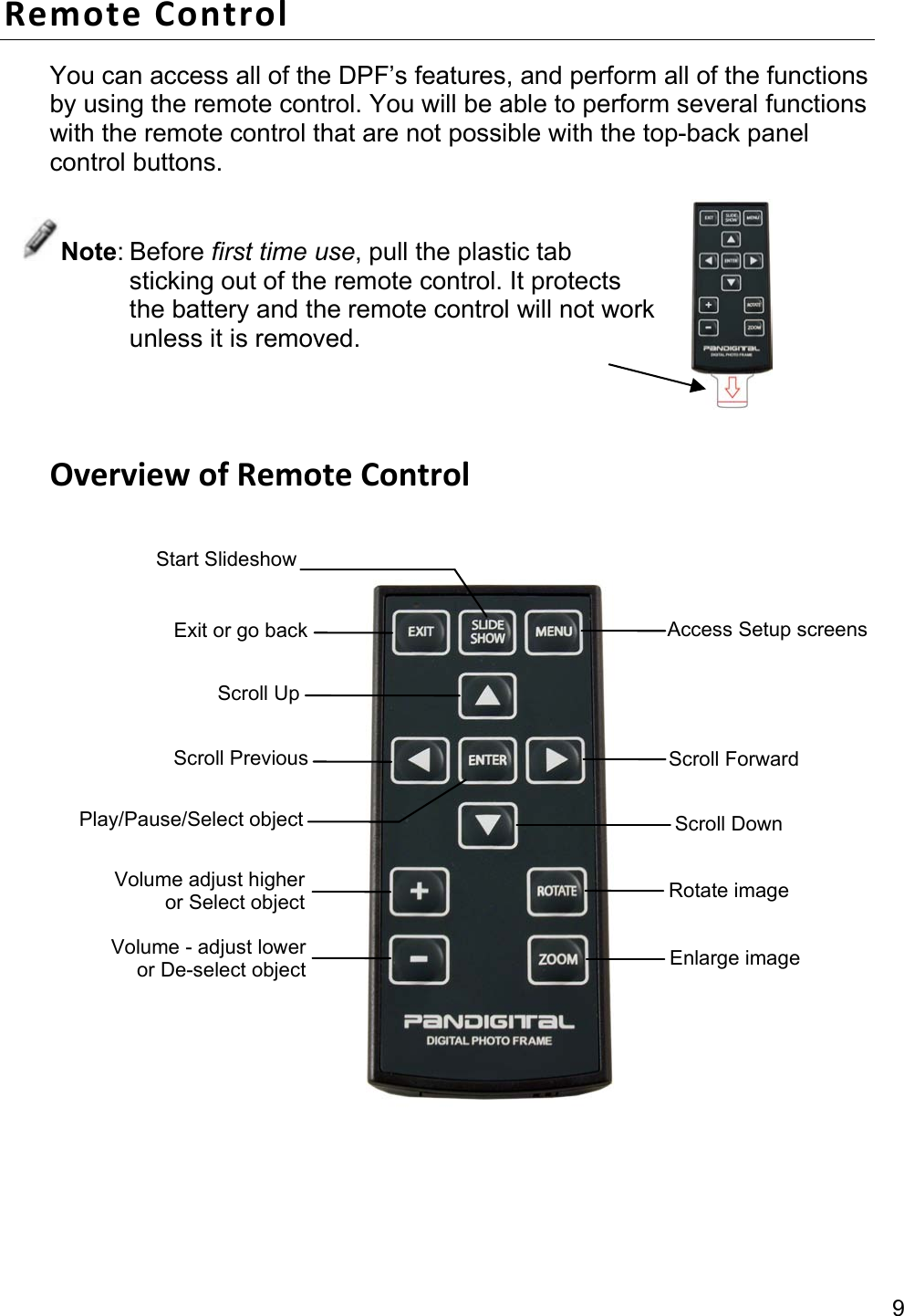 9 Remote Control You can access all of the DPF’s features, and perform all of the functions by using the remote control. You will be able to perform several functions with the remote control that are not possible with the top-back panel control buttons.   Note: Before first time use, pull the plastic tab sticking out of the remote control. It protects the battery and the remote control will not work unless it is removed.   Overview of Remote Control     Exit or go back Scroll Up Scroll Previous Play/Pause/Select object Volume - adjust lower or De-select object  Enlarge image Access Setup screens Scroll ForwardScroll Down Volume adjust higher or Select object  Rotate image Start Slideshow 