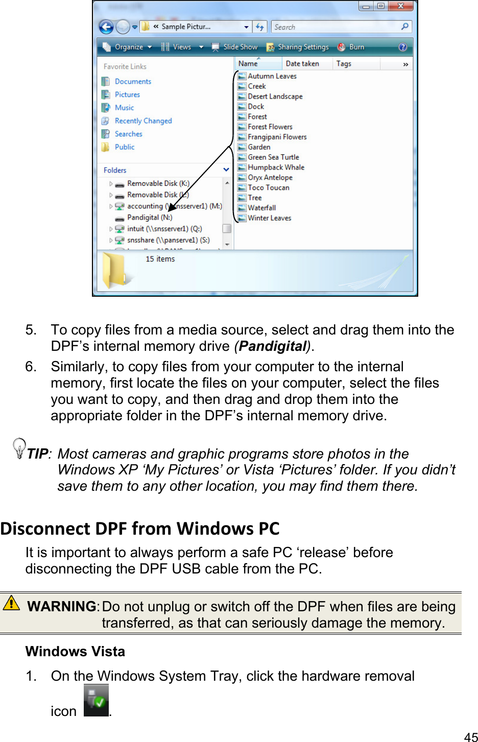 45   5.  To copy files from a media source, select and drag them into the DPF’s internal memory drive (Pandigital). 6.  Similarly, to copy files from your computer to the internal memory, first locate the files on your computer, select the files you want to copy, and then drag and drop them into the appropriate folder in the DPF’s internal memory drive. TIP: Most cameras and graphic programs store photos in the Windows XP ‘My Pictures’ or Vista ‘Pictures’ folder. If you didn’t save them to any other location, you may find them there.  DisconnectDPFfromWindowsPCIt is important to always perform a safe PC ‘release’ before disconnecting the DPF USB cable from the PC.  WARNING: Do not unplug or switch off the DPF when files are being transferred, as that can seriously damage the memory. Windows Vista 1.  On the Windows System Tray, click the hardware removal icon  . 