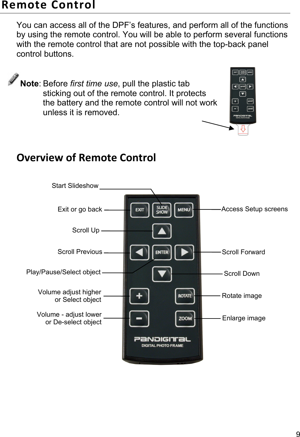9 RemoteControlYou can access all of the DPF’s features, and perform all of the functions by using the remote control. You will be able to perform several functions with the remote control that are not possible with the top-back panel control buttons.   Note: Before first time use, pull the plastic tab sticking out of the remote control. It protects the battery and the remote control will not work unless it is removed.   OverviewofRemoteControl    Exit or go back Scroll Up Scroll Previous Play/Pause/Select object Volume - adjust lower or De-select object  Enlarge image Access Setup screens Scroll ForwardScroll Down Volume adjust higher or Select object  Rotate image Start Slideshow 