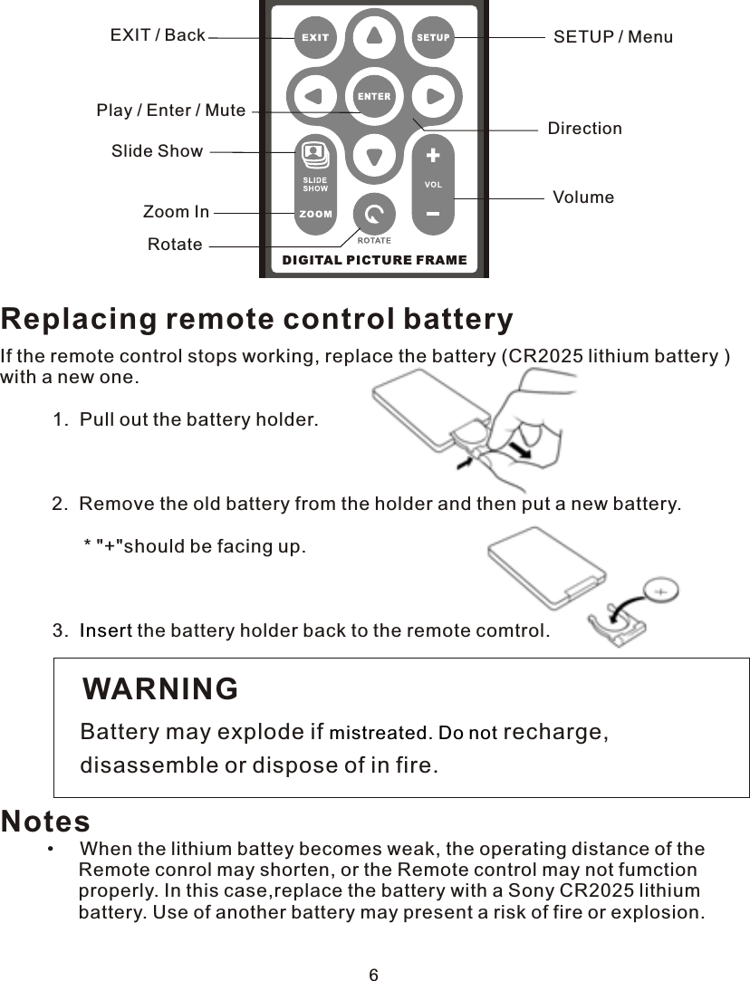 6DIGITAL PICTURE FRAMEEXIT / BackZoom InSETUP / MenuRotateVolumePlay / Enter / MuteSlide ShowDirectionReplacing remote control batteryIf the remote control stops working, replace the battery (CR2025 lithium battery )with a new one.          1.  Pull out the battery holder.    2.  Remove the old battery from the holder and then put a new battery.                * &quot;+&quot;should be facing up.          3.    the battery holder back to the remote comtrol. InsertWARNINGBattery may explode if   recharge,disassemble or dispose of in fire.mistreated. Do notNotes         •     When the lithium battey becomes weak, the operating distance of the                Remote conrol may shorten, or the Remote control may not fumction                properly. In this case,replace the battery with a Sony CR2025 lithium                battery. Use of another battery may present a risk of fire or explosion.