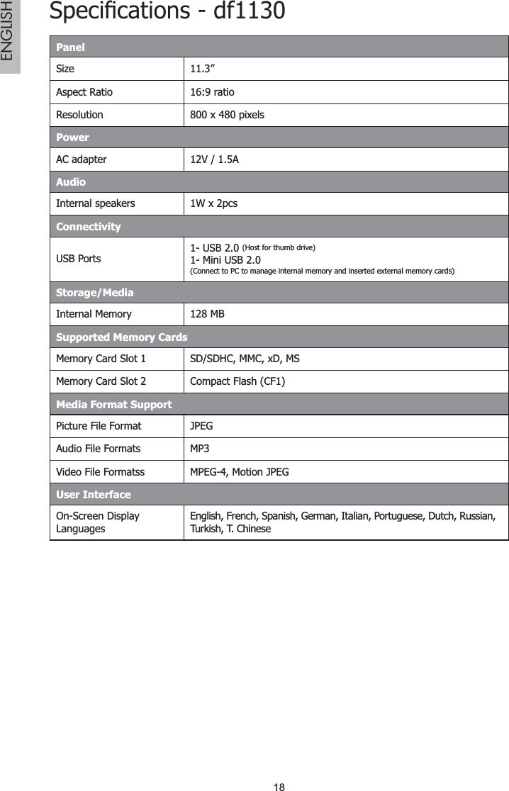 18ENGLISH6SHFL¿FDWLRQVGIPanelSize 11.3”Aspect Ratio 16:9 ratioResolution 800 x 480 pixelsPowerAC adapter  12V / 1.5AAudioInternal speakers 1W x 2pcsConnectivityUSB Ports1- USB 2.0 (Host for thumb drive)1- Mini USB 2.0(Connect to PC to manage internal memory and inserted external memory cards)Storage/MediaInternal Memory 128 MB Supported Memory CardsMemory Card Slot 1 SD/SDHC, MMC, xD, MSMemory Card Slot 2 Compact Flash (CF1)Media Format SupportPicture File Format JPEGAudio File Formats MP3Video File Formatss MPEG-4, Motion JPEG User InterfaceOn-Screen Display LanguagesEnglish, French, Spanish, German, Italian, Portuguese, Dutch, Russian, Turkish, T. Chinese