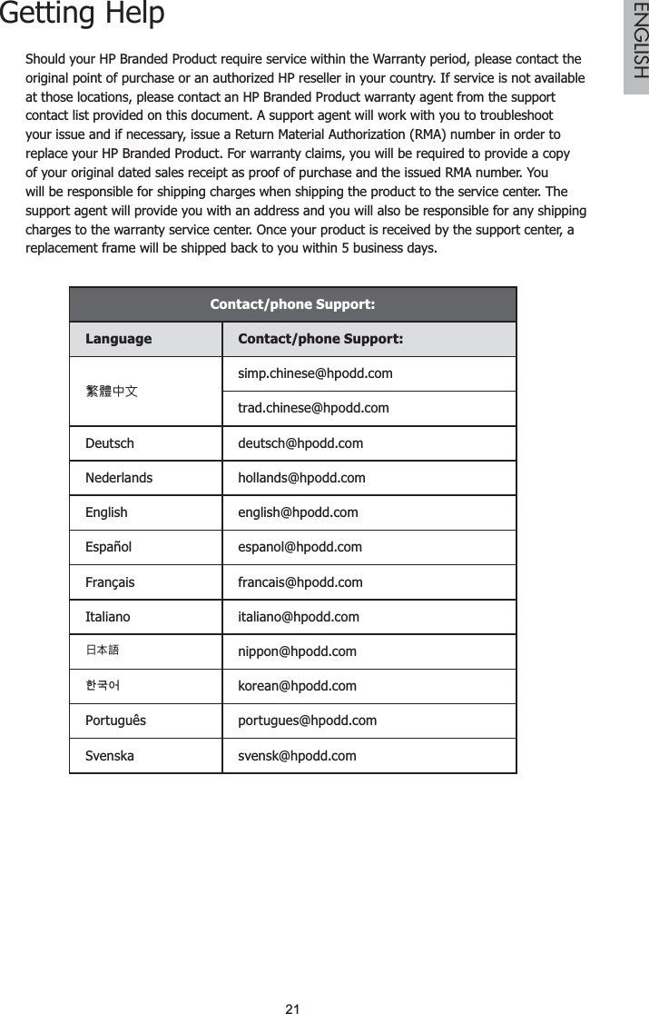 21ENGLISHGetting HelpShould your HP Branded Product require service within the Warranty period, please contact the original point of purchase or an authorized HP reseller in your country. If service is not available at those locations, please contact an HP Branded Product warranty agent from the support contact list provided on this document. A support agent will work with you to troubleshoot your issue and if necessary, issue a Return Material Authorization (RMA) number in order to replace your HP Branded Product. For warranty claims, you will be required to provide a copy of your original dated sales receipt as proof of purchase and the issued RMA number. You will be responsible for shipping charges when shipping the product to the service center. The support agent will provide you with an address and you will also be responsible for any shipping charges to the warranty service center. Once your product is received by the support center, a replacement frame will be shipped back to you within 5 business days.Contact/phone Support:Language Contact/phone Support:丨檻Ḕ㕮simp.chinese@hpodd.comtrad.chinese@hpodd.comDeutsch deutsch@hpodd.comNederlands hollands@hpodd.comEnglish english@hpodd.comEspañol espanol@hpodd.comFrançais francais@hpodd.comItaliano italiano@hpodd.com㗌㜓媅 nippon@hpodd.com뼑霢꽩 korean@hpodd.comPortuguês portugues@hpodd.comSvenska svensk@hpodd.com