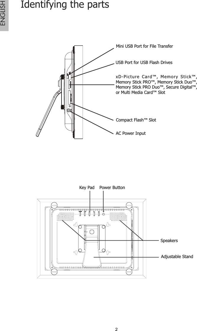 2ENGLISHIdentifying the partsMini USB Port for File TransferUSB Port for USB Flash DrivesCompact Flash™ SlotAC Power InputxD-Picture Card™, Memory Stick™, Memory Stick PRO™, Memory Stick Duo™, Memory Stick PRO Duo™, Secure Digital™, or Multi Media Card™ SlotKey Pad Power ButtonSpeakersAdjustable Stand