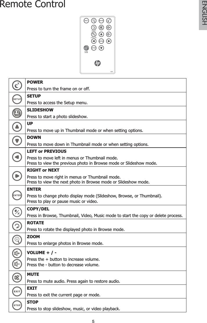5ENGLISHRemote ControlPOWERPress to turn the frame on or off.SETUPPress to access the Setup menu.SLIDESHOWPress to start a photo slideshow.UPPress to move up in Thumbnail mode or when setting options.DOWNPress to move down in Thumbnail mode or when setting options.LEFT or PREVIOUSPress to move left in menus or Thumbnail mode.Press to view the previous photo in Browse mode or Slideshow mode.RIGHT or NEXTPress to move right in menus or Thumbnail mode.Press to view the next photo in Browse mode or Slideshow mode.ENTERPress to change photo display mode (Slideshow, Browse, or Thumbnail).Press to play or pause music or video.COPY/DELPress in Browse, Thumbnail, Video, Music mode to start the copy or delete process.ROTATEPress to rotate the displayed photo in Browse mode.ZOOMPress to enlarge photos in Browse mode.92/80(Press the + button to increase volume.Press the - button to decrease volume.MUTEPress to mute audio. Press again to restore audio.EXITPress to exit the current page or mode.STOPPress to stop slideshow, music, or video playback.
