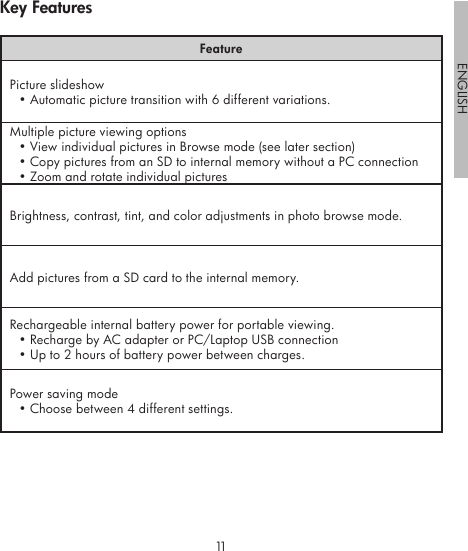 1011ENGLISHFeaturePicture slideshow• Automatic picture transition with 6 different variations.Multiple picture viewing options• View individual pictures in Browse mode (see later section)• Copy pictures from an SD to internal memory without a PC connection• Zoom and rotate individual picturesBrightness, contrast, tint, and color adjustments in photo browse mode.Add pictures from a SD card to the internal memory.Rechargeable internal battery power for portable viewing.• Recharge by AC adapter or PC/Laptop USB connection• Up to 2 hours of battery power between charges. Power saving mode• Choose between 4 different settings.Key Features