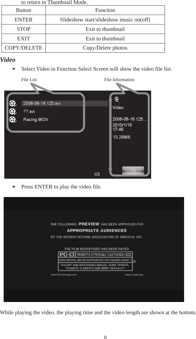8to return to Thumbnail Mode.  noitcnuF nottuBENTER  Slideshow start/slideshow music on(off) STOP Exit to thumbnail EXIT Exit to thumbnail COPY/DELETE  Copy/Delete photos Video Select Video in Function Select Screen will show the video file list. Press ENTER to play the video file. While playing the video, the playing time and the video length are shown at the bottom. File List  File Information 