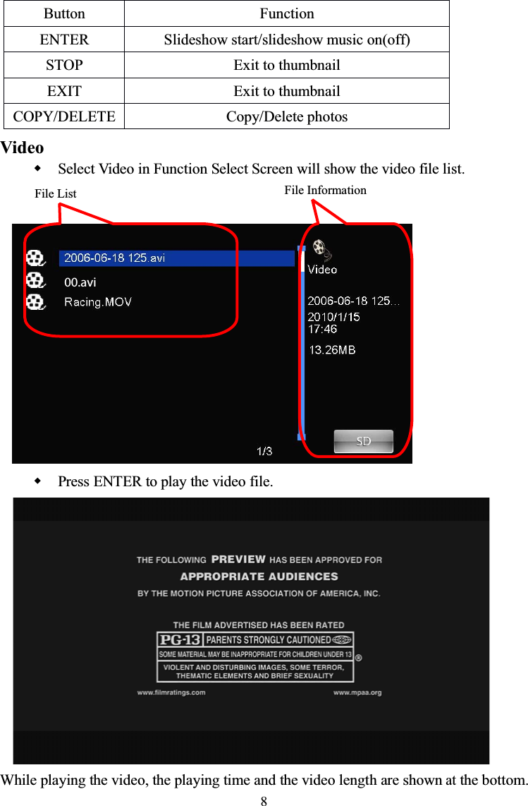 8VideoSelect Video in Function Select Screen will show the video file list.Press ENTER to play the video file.While playing the video, the playing time and the video length are shownatthe bottom.ButtonFunctionENTERSlideshow start/slideshow music on(off)STOPExit to thumbnailEXITExit to thumbnailCOPY/DELETECopy/Delete photosFile InformationFile List00.avi