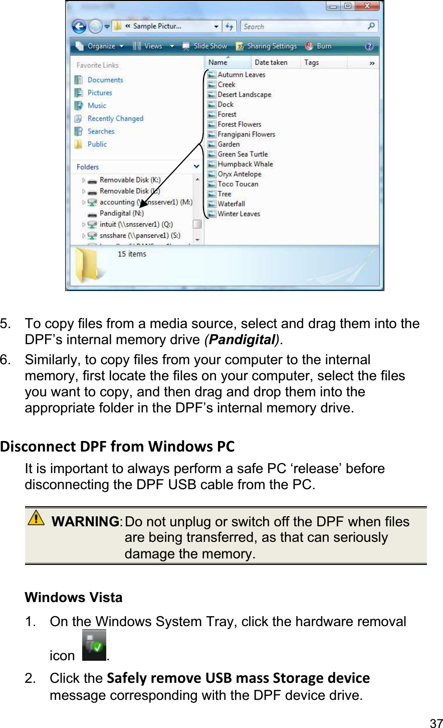 375.  To copy files from a media source, select and drag them into the DPF’s internal memory drive (Pandigital).6.  Similarly, to copy files from your computer to the internalmemory, first locate the files on your computer, select the files you want to copy, and then drag and drop them into the appropriate folder in the DPF’s internal memory drive. Disconnect DPF from Windows PC   It is important to always perform a safe PC ‘release’ before disconnecting the DPF USB cable from the PC. WARNING: Do not unplug or switch off the DPF when files are being transferred, as that can seriously damage the memory. Windows Vista 1.  On the Windows System Tray, click the hardware removal icon  .2. Click the Safely remove USB mass Storage devicemessage corresponding with the DPF device drive. 