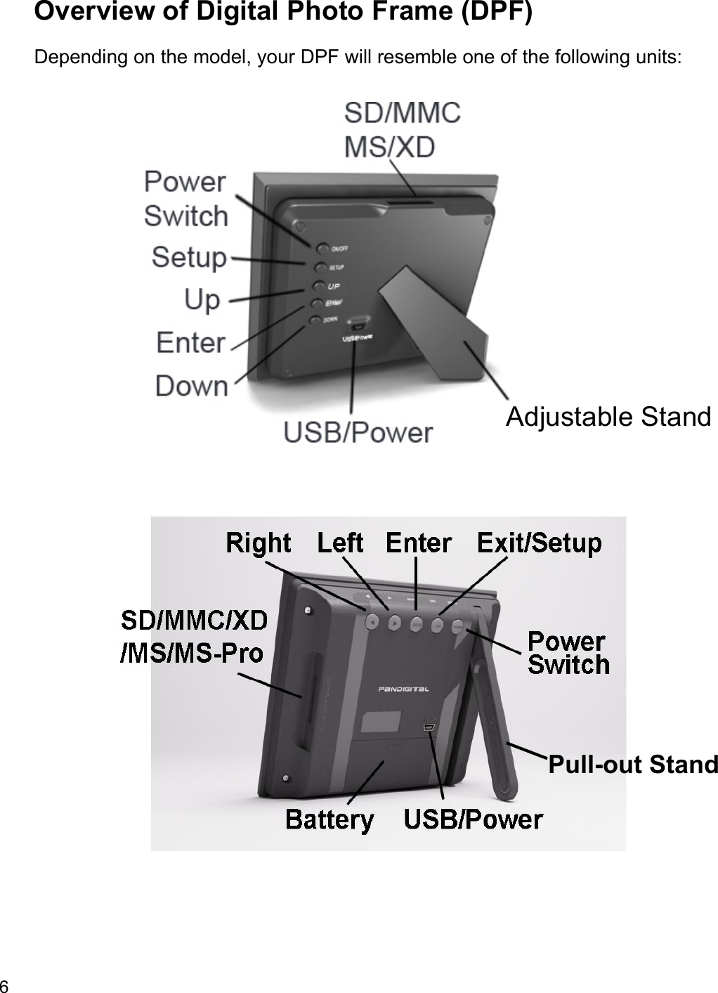 6  Overview of Digital Photo Frame (DPF) Depending on the model, your DPF will resemble one of the following units:       Adjustable Stand Pull-out Stand 