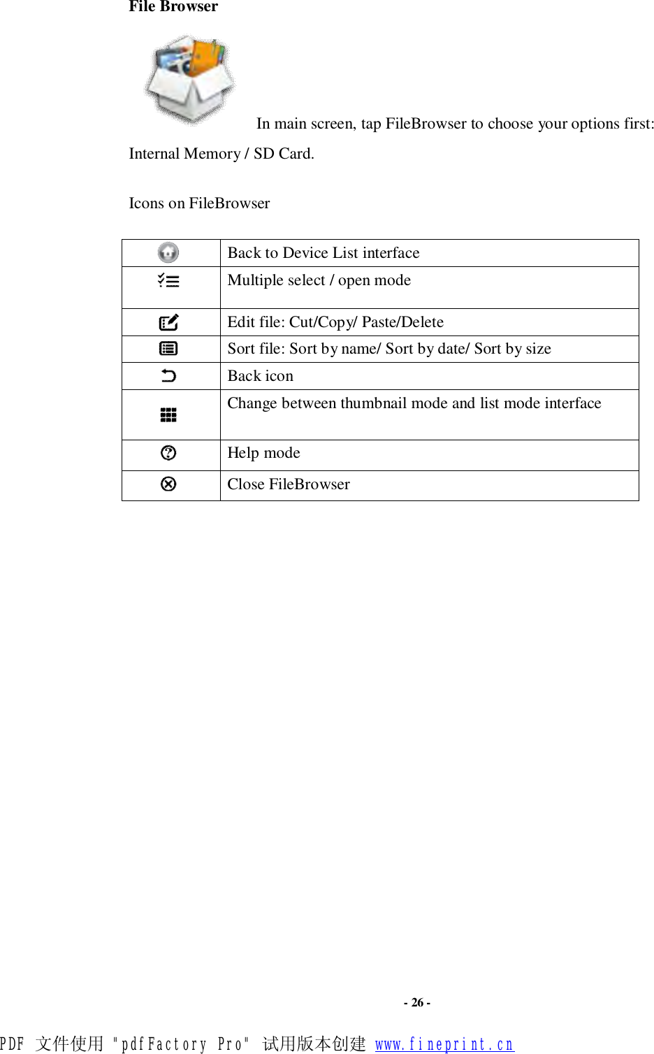                      - 26 - File Browser    In main screen, tap FileBrowser to choose your options first: Internal Memory / SD Card.  Icons on FileBrowser   Back to Device List interface  Multiple select / open mode  Edit file: Cut/Copy/ Paste/Delete    Sort file: Sort by name/ Sort by date/ Sort by size  Back icon  Change between thumbnail mode and list mode interface   Help mode  Close FileBrowser                   PDF 文件使用 &quot;pdfFactory Pro&quot; 试用版本创建 www.fineprint.cn