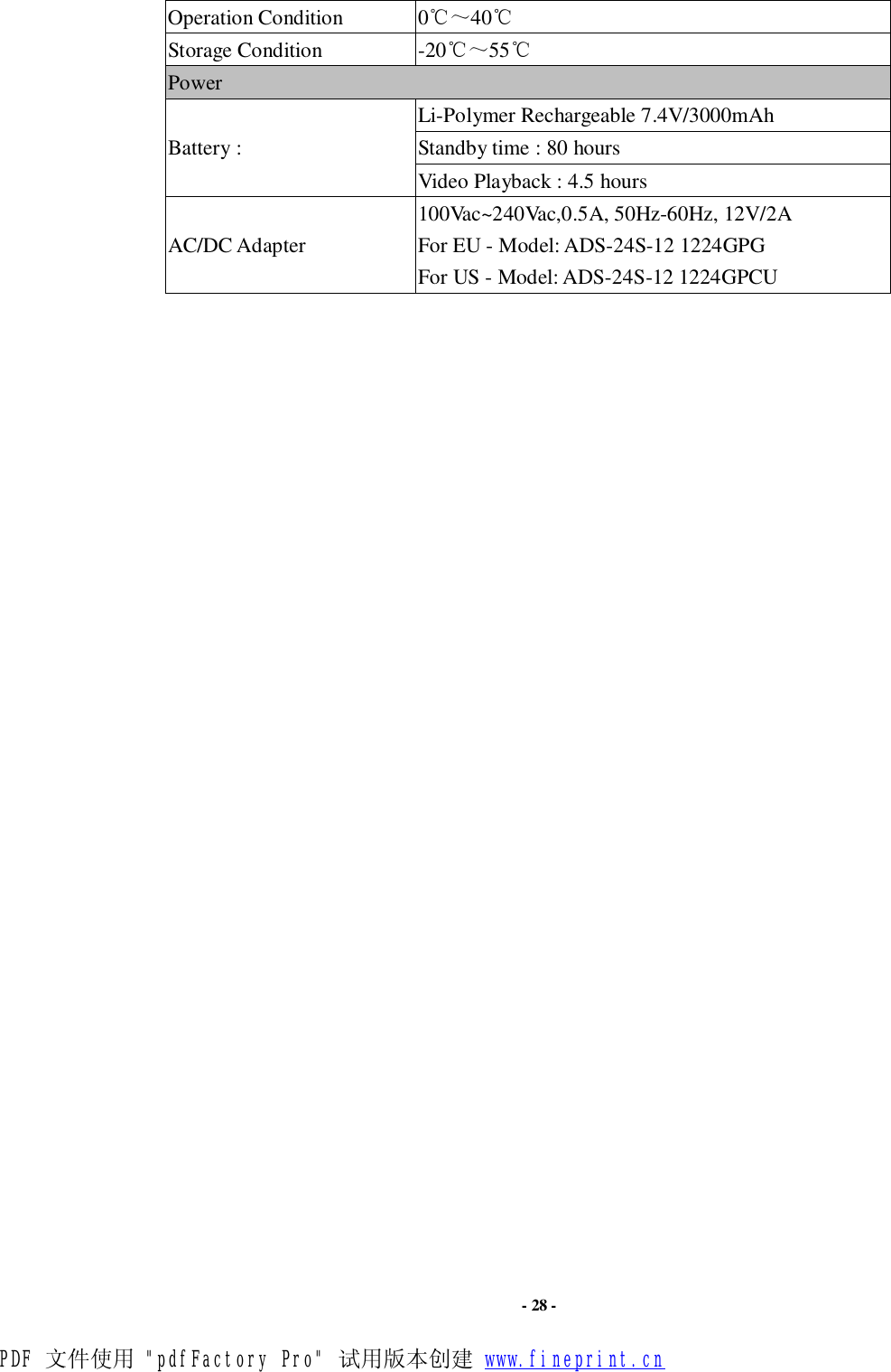                      - 28 - Operation Condition  0℃～40℃  Storage Condition  -20℃～55℃ Power Li-Polymer Rechargeable 7.4V/3000mAh Standby time : 80 hours Battery :                        Video Playback : 4.5 hours AC/DC Adapter 100Vac~240Vac,0.5A, 50Hz-60Hz, 12V/2A For EU - Model: ADS-24S-12 1224GPG For US - Model: ADS-24S-12 1224GPCU                                  PDF 文件使用 &quot;pdfFactory Pro&quot; 试用版本创建 www.fineprint.cn