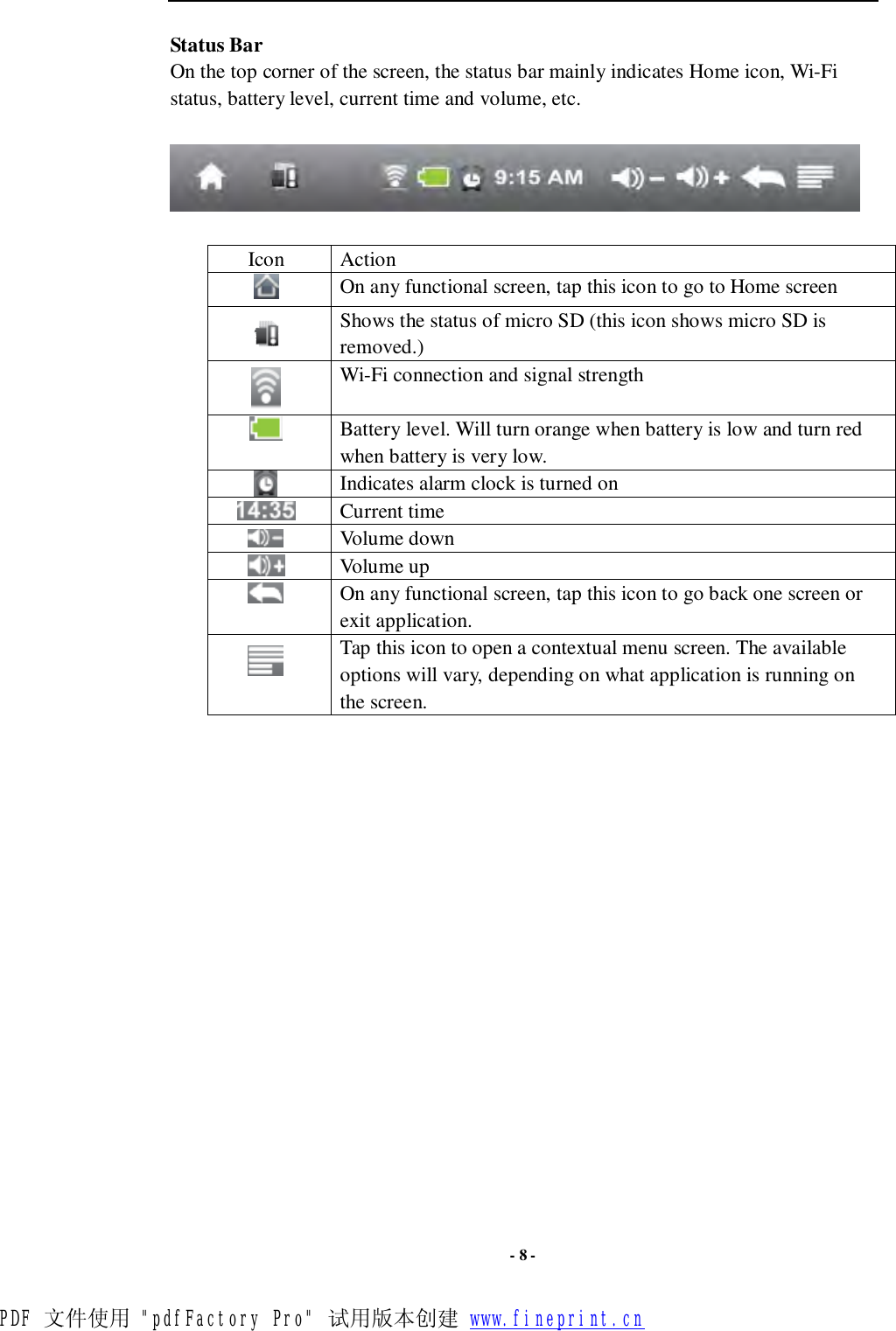  - 8 - Status Bar On the top corner of the screen, the status bar mainly indicates Home icon, Wi-Fi status, battery level, current time and volume, etc.    Icon  Action  On any functional screen, tap this icon to go to Home screen  Shows the status of micro SD (this icon shows micro SD is removed.)  Wi-Fi connection and signal strength  Battery level. Will turn orange when battery is low and turn red when battery is very low.  Indicates alarm clock is turned on  Current time  Volume down  Volume up  On any functional screen, tap this icon to go back one screen or exit application.   Tap this icon to open a contextual menu screen. The available options will vary, depending on what application is running on the screen.                     PDF 文件使用 &quot;pdfFactory Pro&quot; 试用版本创建 www.fineprint.cn