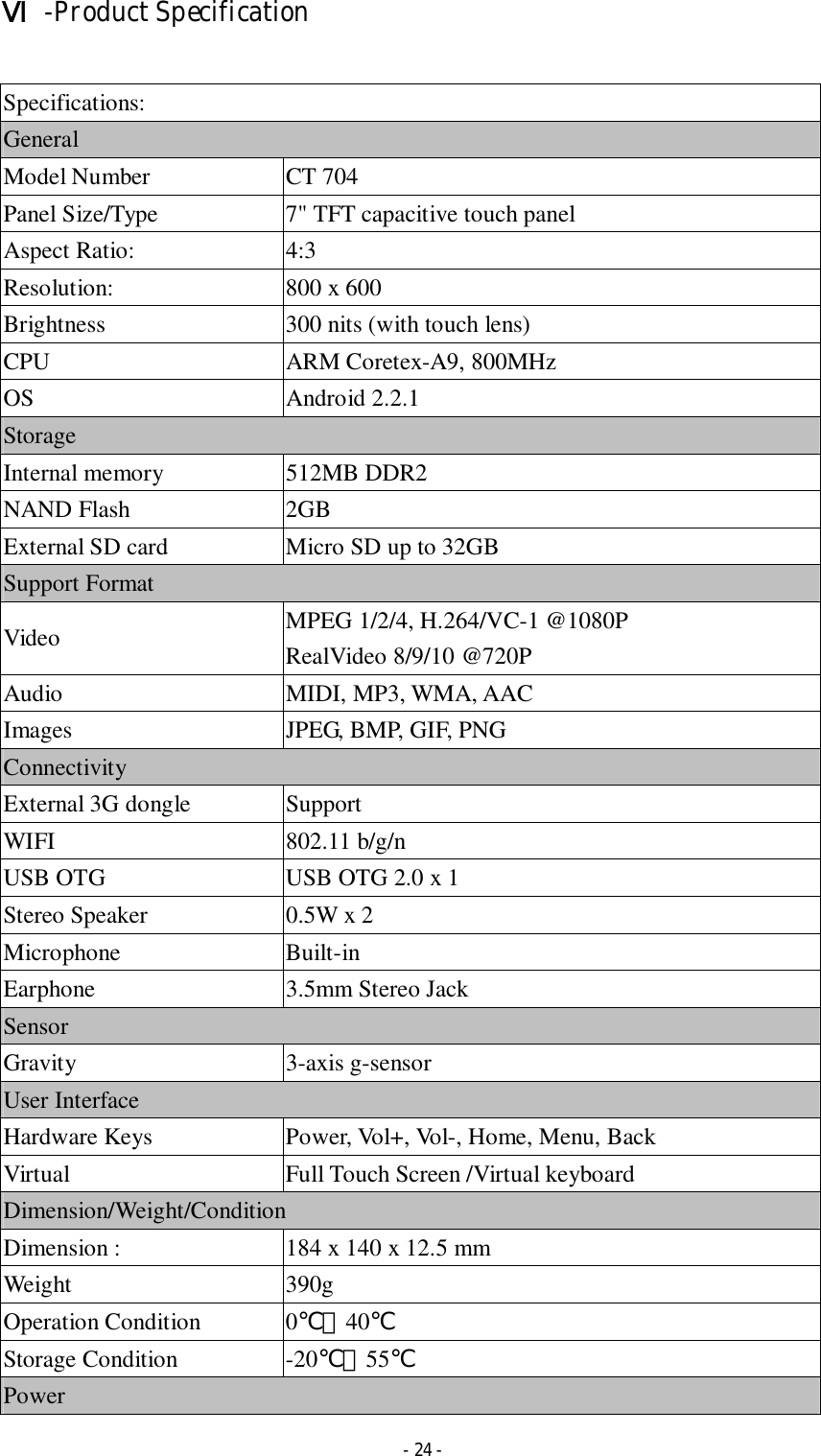  - 24 - Ⅵ  -Product Specification  Specifications: General Model Number  CT 704 Panel Size/Type                       7&quot; TFT capacitive touch panel Aspect Ratio:  4:3 Resolution:                   800 x 600 Brightness  300 nits (with touch lens) CPU  ARM Coretex-A9, 800MHz OS  Android 2.2.1 Storage Internal memory      512MB DDR2 NAND Flash              2GB External SD card            Micro SD up to 32GB Support Format         Video  MPEG 1/2/4, H.264/VC-1 @1080P RealVideo 8/9/10 @720P Audio  MIDI, MP3, WMA, AAC Images  JPEG, BMP, GIF, PNG Connectivity External 3G dongle  Support WIFI                                    802.11 b/g/n USB OTG  USB OTG 2.0 x 1 Stereo Speaker  0.5W x 2 Microphone  Built-in Earphone  3.5mm Stereo Jack Sensor Gravity  3-axis g-sensor User Interface Hardware Keys  Power, Vol+, Vol-, Home, Menu, Back Virtual  Full Touch Screen /Virtual keyboard Dimension/Weight/Condition Dimension :                 184 x 140 x 12.5 mm Weight  390g     Operation Condition  0℃～40℃   Storage Condition  -20℃～55℃ Power 