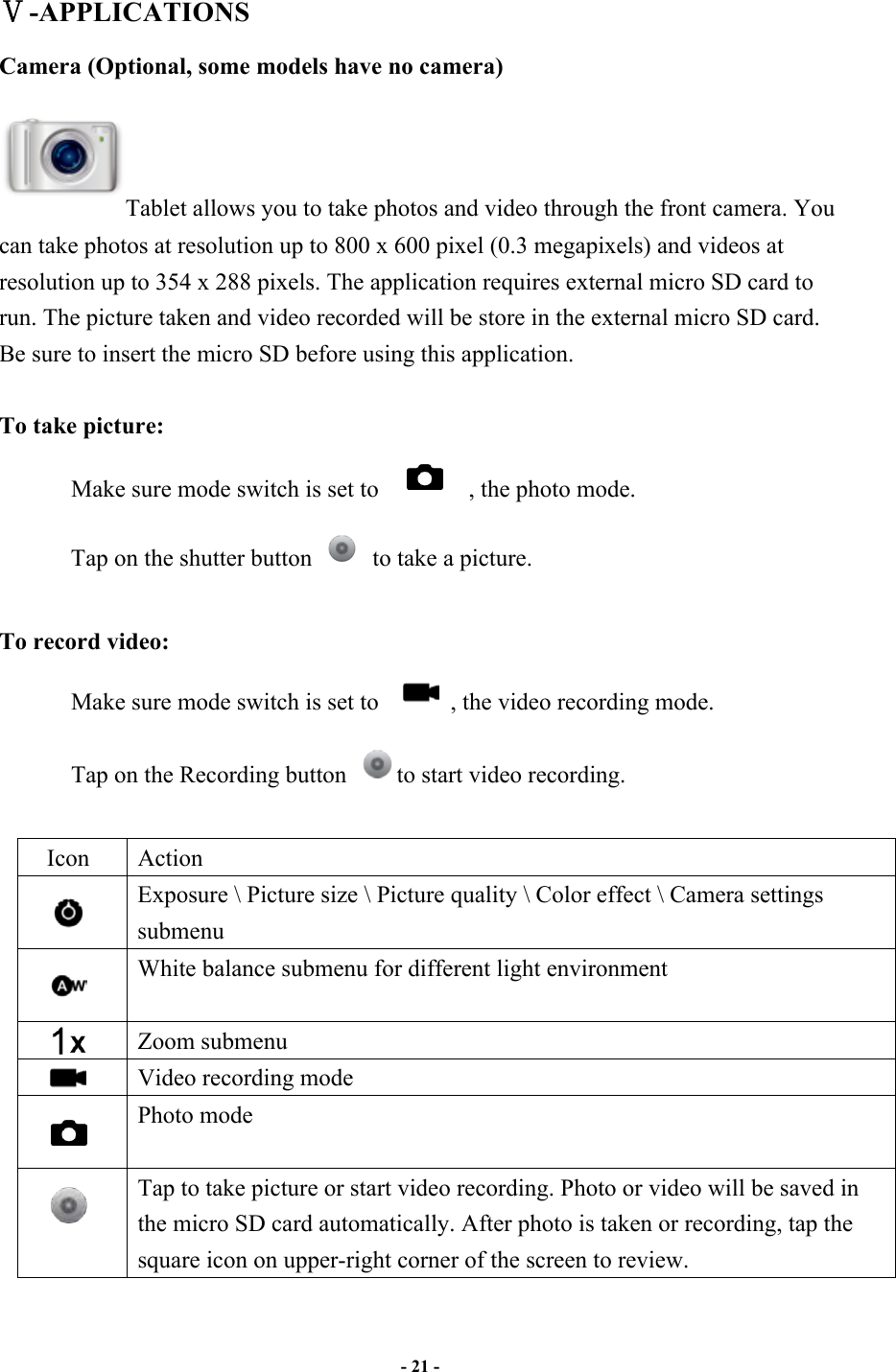                       - 21 -   -APPLICATIONS Camera (Optional, some models have no camera) Tablet allows you to take photos and video through the front camera. You can take photos at resolution up to 800 x 600 pixel (0.3 megapixels) and videos at resolution up to 354 x 288 pixels. The application requires external micro SD card to run. The picture taken and video recorded will be store in the external micro SD card. Be sure to insert the micro SD before using this application.    To take picture: Make sure mode switch is set to      , the photo mode. Tap on the shutter button    to take a picture.  To record video: Make sure mode switch is set to      , the video recording mode. Tap on the Recording button  to start video recording.  Icon  Action  Exposure \ Picture size \ Picture quality \ Color effect \ Camera settings submenu  White balance submenu for different light environment  Zoom submenu  Video recording mode  Photo mode  Tap to take picture or start video recording. Photo or video will be saved in the micro SD card automatically. After photo is taken or recording, tap the square icon on upper-right corner of the screen to review.    