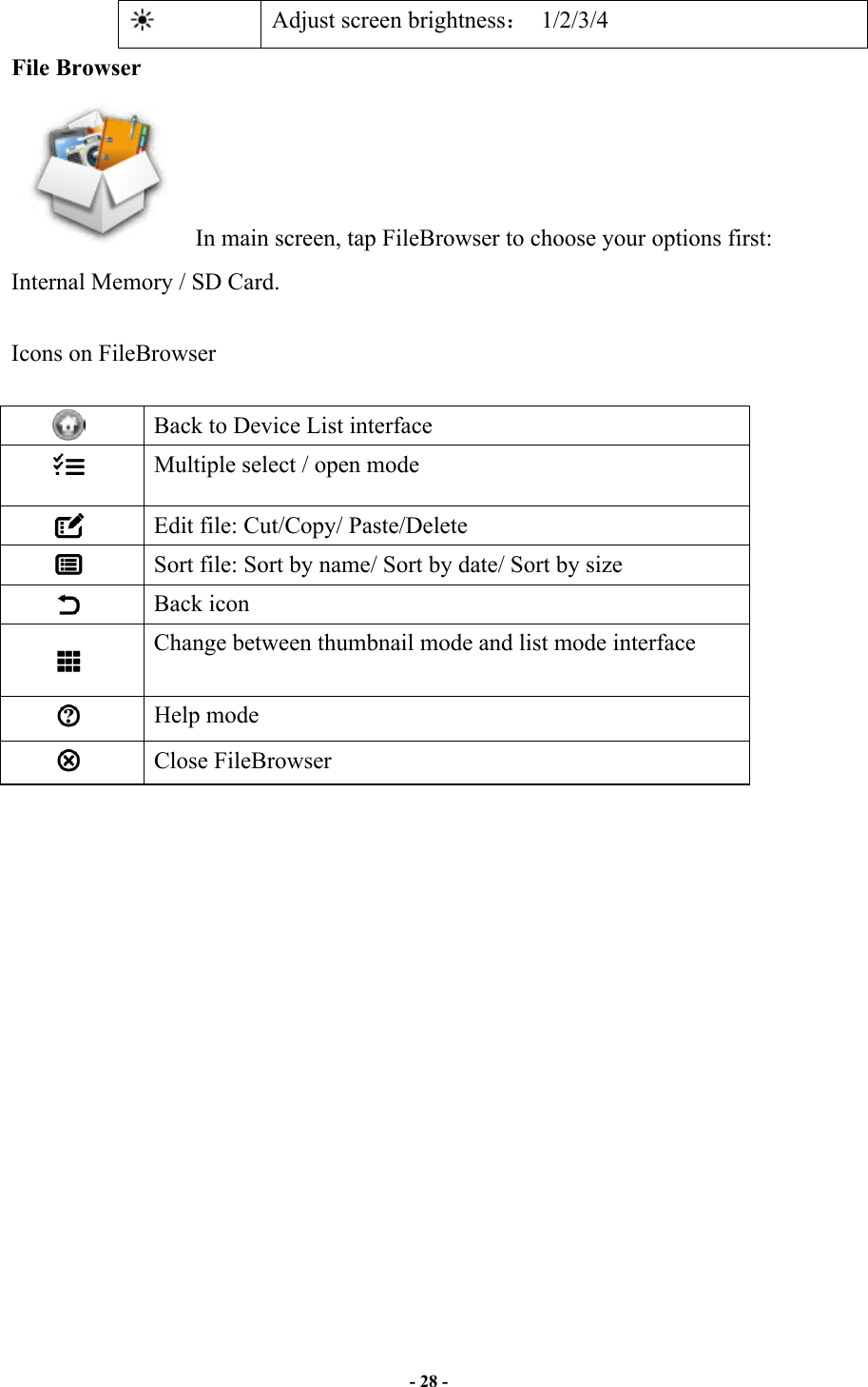                       - 28 -    Adjust screen brightness  1/2/3/4 File Browser    In main screen, tap FileBrowser to choose your options first: Internal Memory / SD Card.  Icons on FileBrowser   Back to Device List interface  Multiple select / open mode  Edit file: Cut/Copy/ Paste/Delete    Sort file: Sort by name/ Sort by date/ Sort by size  Back icon  Change between thumbnail mode and list mode interface    Help mode  Close FileBrowser                
