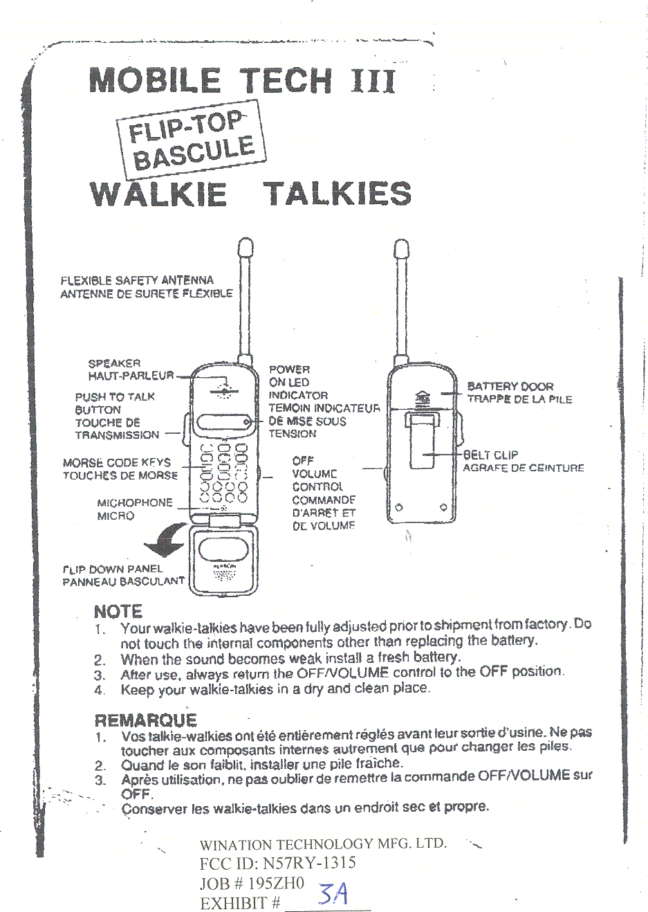 Wination Technology Mfg RY-1315 49 MHz Walkie-Talkie Transmitter User ...