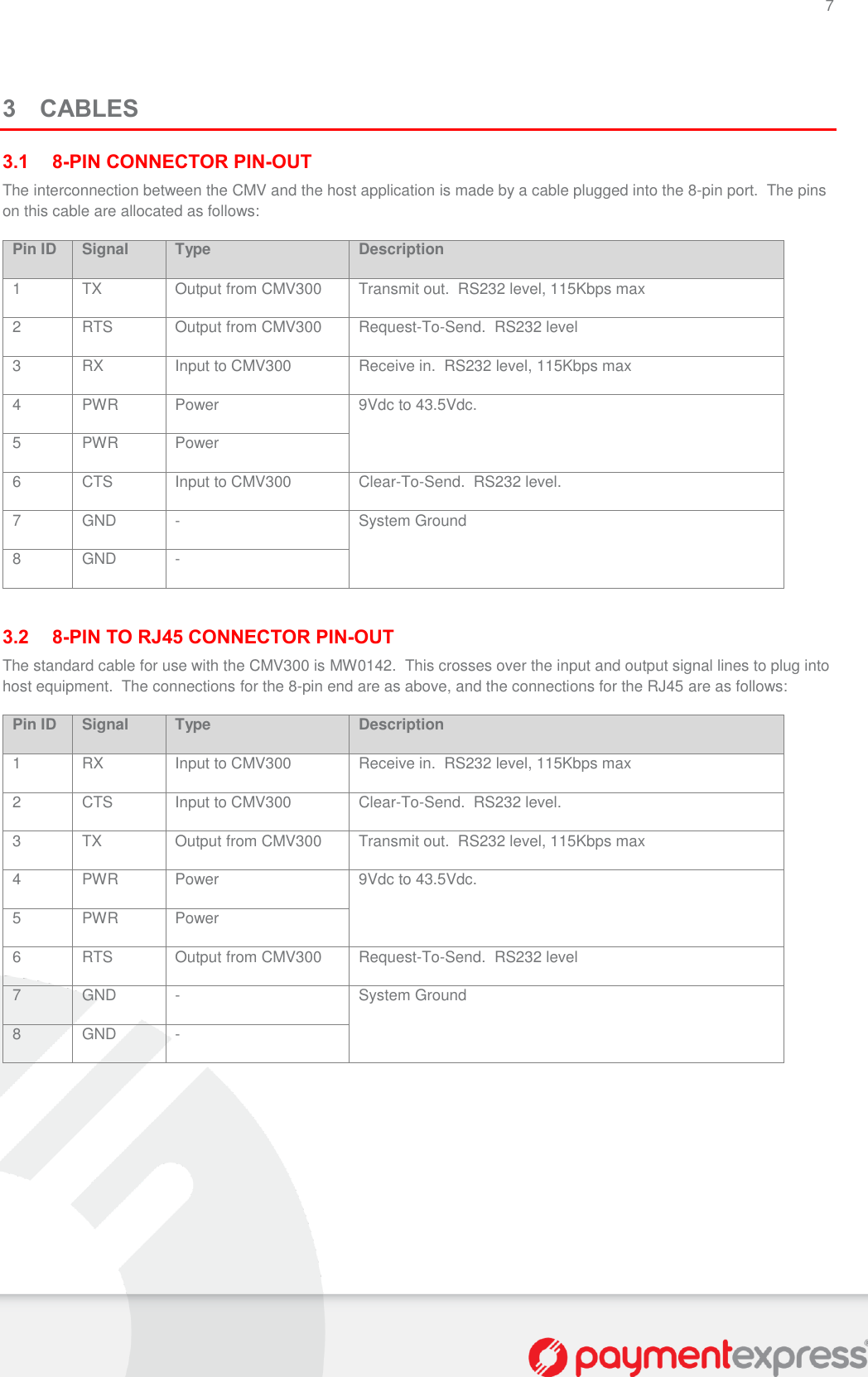7   3 CABLES 3.1 8-PIN CONNECTOR PIN-OUT The interconnection between the CMV and the host application is made by a cable plugged into the 8-pin port.  The pins on this cable are allocated as follows: Pin ID Signal Type Description 1 TX Output from CMV300 Transmit out.  RS232 level, 115Kbps max 2 RTS Output from CMV300 Request-To-Send.  RS232 level 3 RX Input to CMV300 Receive in.  RS232 level, 115Kbps max 4 PWR Power 9Vdc to 43.5Vdc. 5 PWR Power 6 CTS Input to CMV300 Clear-To-Send.  RS232 level. 7 GND - System Ground 8 GND -  3.2 8-PIN TO RJ45 CONNECTOR PIN-OUT The standard cable for use with the CMV300 is MW0142.  This crosses over the input and output signal lines to plug into host equipment.  The connections for the 8-pin end are as above, and the connections for the RJ45 are as follows: Pin ID Signal Type Description 1 RX Input to CMV300 Receive in.  RS232 level, 115Kbps max 2 CTS Input to CMV300 Clear-To-Send.  RS232 level. 3 TX Output from CMV300 Transmit out.  RS232 level, 115Kbps max 4 PWR Power 9Vdc to 43.5Vdc. 5 PWR Power 6 RTS Output from CMV300 Request-To-Send.  RS232 level 7 GND - System Ground 8 GND -   