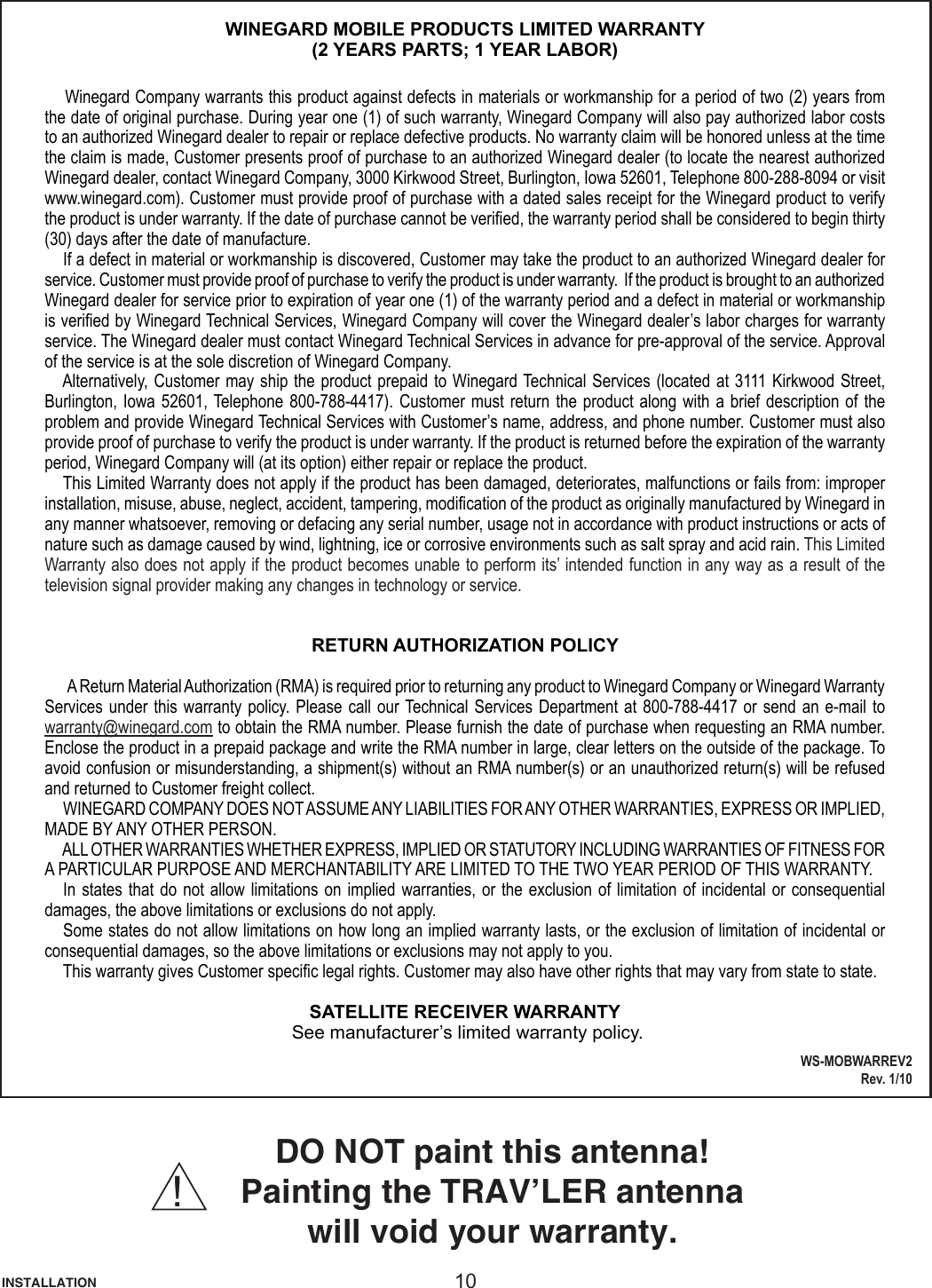 Page 10 of 12 - Winegard Winegard-Satellite-Tv-System-Sk-3005-Users-Manual-  Winegard-satellite-tv-system-sk-3005-users-manual