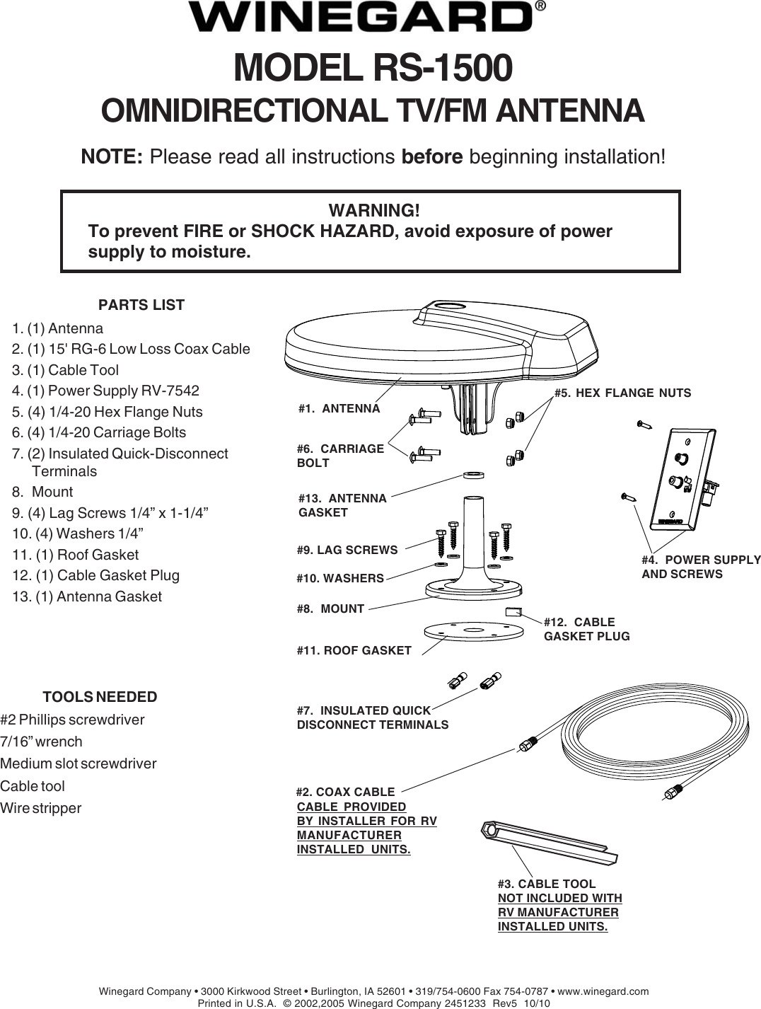 Page 1 of 4 - Winegard Winegard-Tv-Antenna-Rs-1500-Users-Manual- 2451233 REV2 11-09 Winegard-tv-antenna-rs-1500-users-manual
