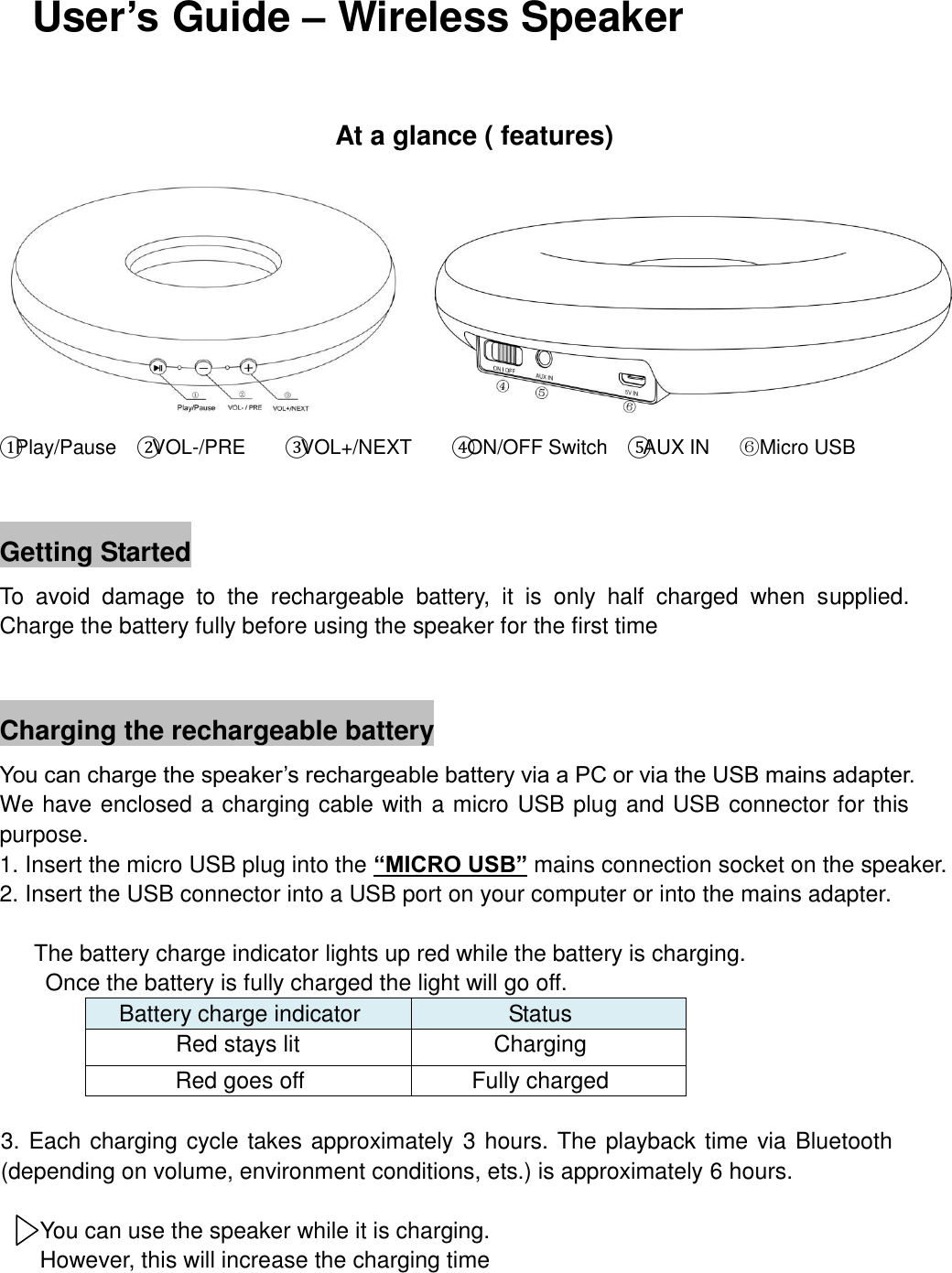 User&rsquo;s Guide &ndash; Wireless Speaker                                                    At a glance ( features)    ①Play/Pause    ②VOL-/PRE        ③VOL+/NEXT        ④ON/OFF Switch    ⑤AUX IN    ⑥Micro USB    Getting Started To  avoid  damage  to  the  rechargeable  battery,  it  is  only  half  charged  when  supplied. Charge the battery fully before using the speaker for the first time  Charging the rechargeable battery You can charge the speaker&rsquo;s rechargeable battery via a PC or via the USB mains adapter. We have enclosed a charging cable with a micro USB plug and USB connector for this purpose. 1. Insert the micro USB plug into the &ldquo;MICRO USB&rdquo; mains connection socket on the speaker. 2. Insert the USB connector into a USB port on your computer or into the mains adapter.  The battery charge indicator lights up red while the battery is charging.   Once the battery is fully charged the light will go off. Battery charge indicator Status Red stays lit Charging Red goes off Fully charged  3. Each charging cycle takes approximately 3 hours. The playback time via Bluetooth (depending on volume, environment conditions, ets.) is approximately 6 hours.  You can use the speaker while it is charging.   However, this will increase the charging time   
