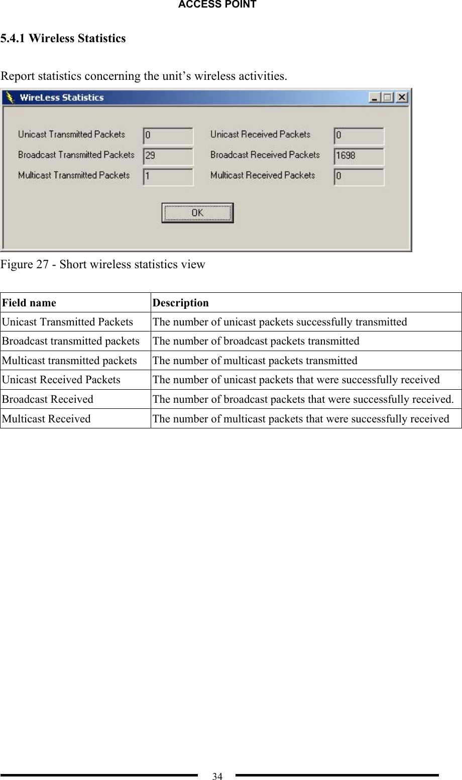 ACCESS POINT  34 5.4.1 Wireless Statistics  Report statistics concerning the unit’s wireless activities.  Figure 27 - Short wireless statistics view  Field name   Description Unicast Transmitted Packets    The number of unicast packets successfully transmitted Broadcast transmitted packets    The number of broadcast packets transmitted Multicast transmitted packets    The number of multicast packets transmitted Unicast Received Packets  The number of unicast packets that were successfully received Broadcast Received  The number of broadcast packets that were successfully received. Multicast Received  The number of multicast packets that were successfully received 