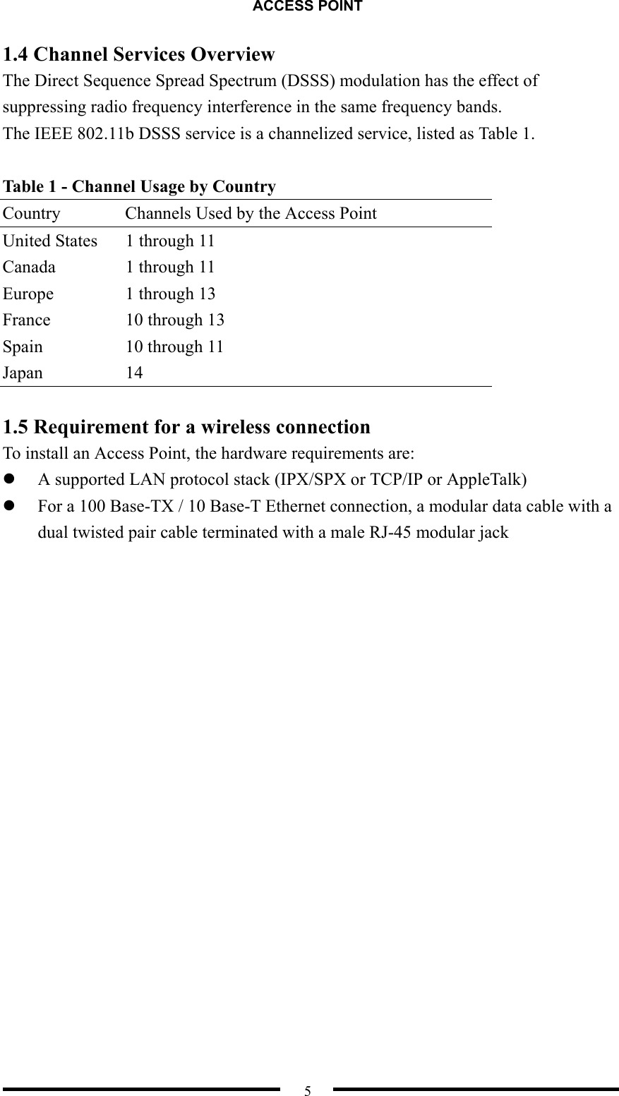 ACCESS POINT  5 1.4 Channel Services Overview The Direct Sequence Spread Spectrum (DSSS) modulation has the effect of suppressing radio frequency interference in the same frequency bands. The IEEE 802.11b DSSS service is a channelized service, listed as Table 1.  Table 1 - Channel Usage by Country Country  Channels Used by the Access Point United States  1 through 11 Canada    1 through 11 Europe    1 through 13 France  10 through 13 Spain  10 through 11 Japan 14  1.5 Requirement for a wireless connection To install an Access Point, the hardware requirements are:   A supported LAN protocol stack (IPX/SPX or TCP/IP or AppleTalk)   For a 100 Base-TX / 10 Base-T Ethernet connection, a modular data cable with a dual twisted pair cable terminated with a male RJ-45 modular jack  