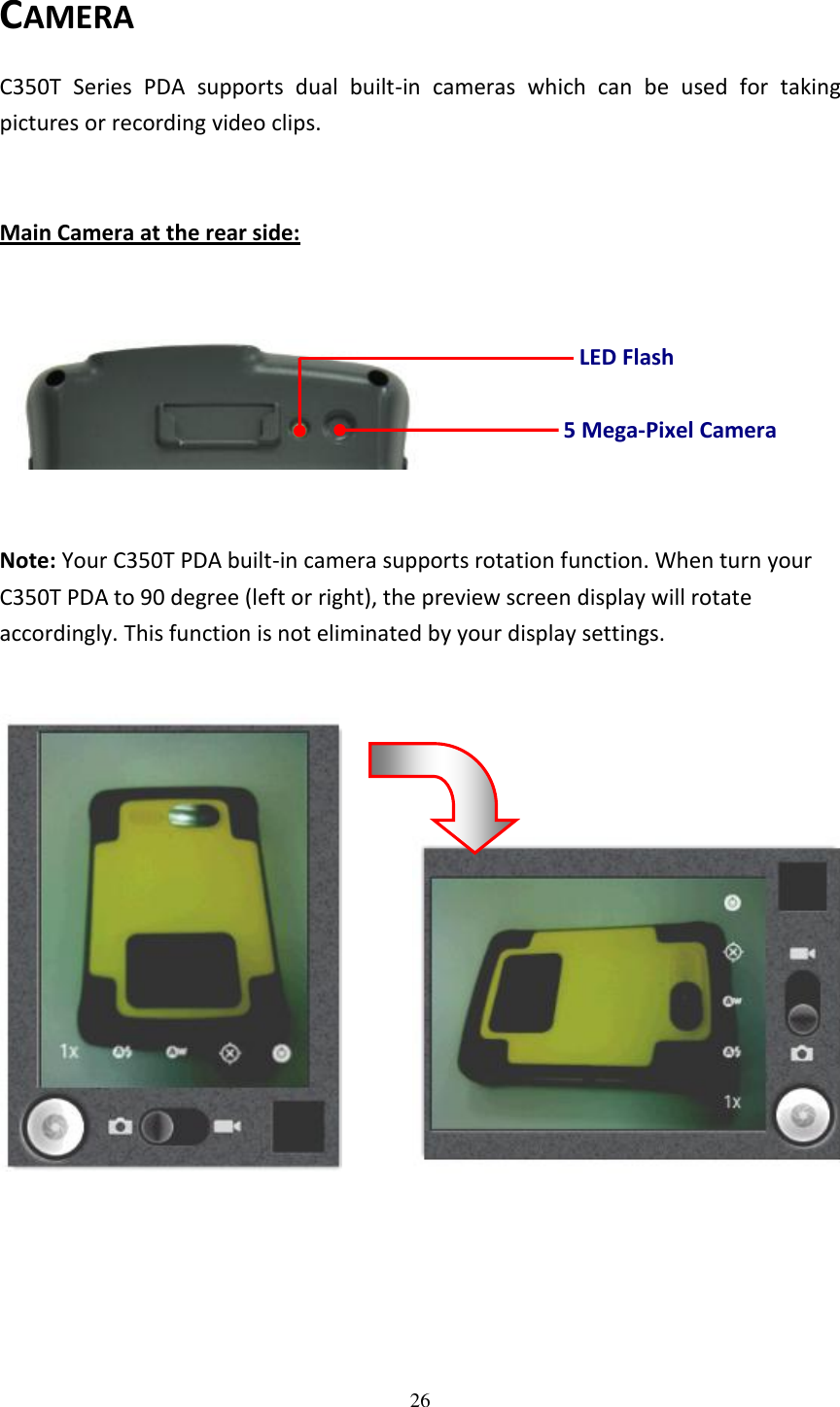 26  CAMERA C350T  Series  PDA  supports  dual  built-in  cameras  which  can  be  used  for  taking pictures or recording video clips.  Main Camera at the rear side:       Note: Your C350T PDA built-in camera supports rotation function. When turn your C350T PDA to 90 degree (left or right), the preview screen display will rotate accordingly. This function is not eliminated by your display settings.        5 Mega-Pixel Camera LED Flash 