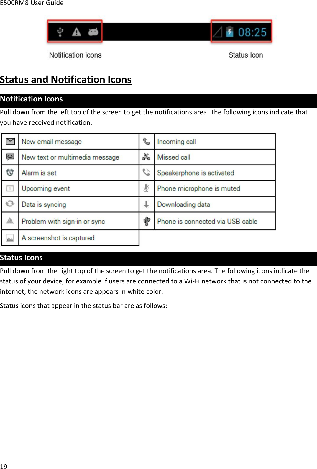 E500RM8 User Guide19Status and Notification IconsNotification IconsPull down from the left top of the screen to get the notifications area. The following icons indicate thatyou have received notification.Status IconsPull down from the right top of the screen to get the notifications area. The following icons indicate thestatus of your device, for example if users are connected to a Wi-Fi network that is not connected to theinternet, the network icons are appears in white color.Status icons that appear in the status bar are as follows: