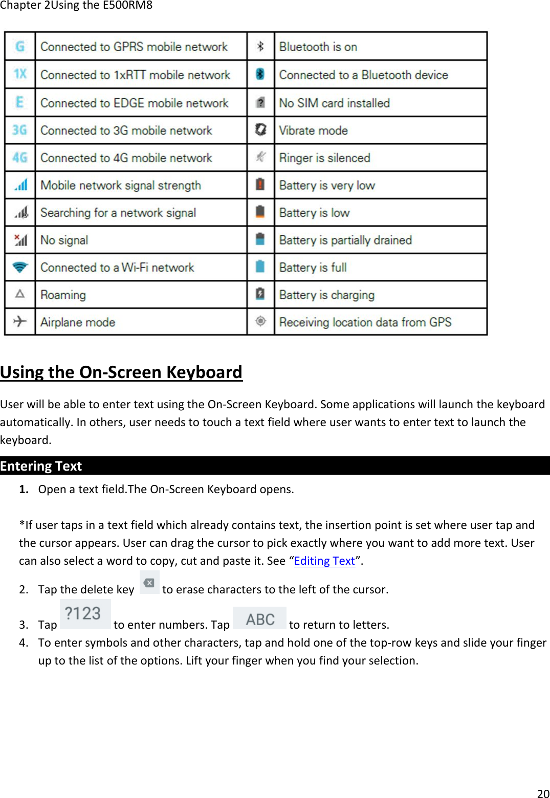 Chapter 2Using the E500RM820Using the On-Screen KeyboardUser will be able to enter text using the On-Screen Keyboard. Some applications will launch the keyboardautomatically. In others, user needs to touch a text field where user wants to enter text to launch thekeyboard.Entering Text1. Open a text field.The On-Screen Keyboard opens.*If user taps in a text field which already contains text, the insertion point is set where user tap andthe cursor appears. User can drag the cursor to pick exactly where you want to add more text. Usercan also select a word to copy, cut and paste it. See “Editing Text”.2. Tap the delete key to erase characters to the left of the cursor.3. Tap to enter numbers. Tap to return to letters.4. To enter symbols and other characters, tap and hold one of the top-row keys and slide your fingerup to the list of the options. Lift your finger when you find your selection.