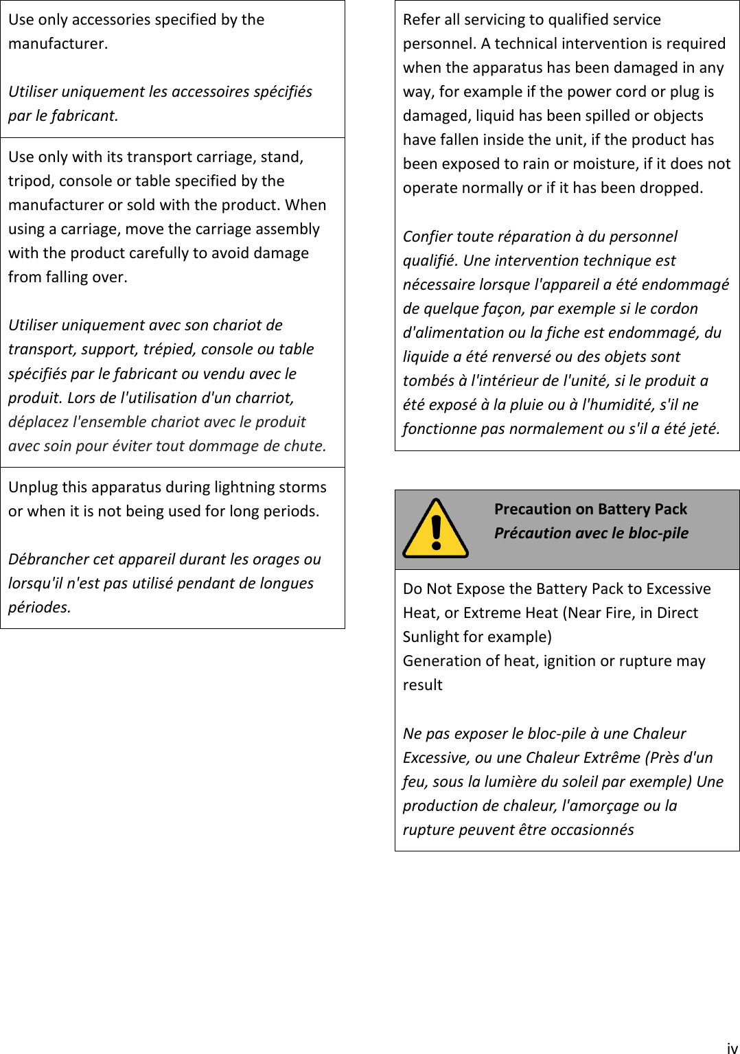 ivUse only accessories specified by themanufacturer.Utiliser uniquement les accessoires spécifiéspar le fabricant.Use only with its transport carriage, stand,tripod, console or table specified by themanufacturer or sold with the product. Whenusing a carriage, move the carriage assemblywith the product carefully to avoid damagefrom falling over.Utiliser uniquement avec son chariot detransport, support, trépied, console ou tablespécifiés par le fabricant ou vendu avec leproduit. Lors de l&apos;utilisation d&apos;un charriot,déplacez l&apos;ensemble chariot avec le produitavec soin pour éviter tout dommage de chute.Unplug this apparatus during lightning stormsor when it is not being used for long periods.Débrancher cet appareil durant les orages oulorsqu&apos;il n&apos;est pas utilisé pendant de longuespériodes.Refer all servicing to qualified servicepersonnel. A technical intervention is requiredwhen the apparatus has been damaged in anyway, for example if the power cord or plug isdamaged, liquid has been spilled or objectshave fallen inside the unit, if the product hasbeen exposed to rain or moisture, if it does notoperate normally or if it has been dropped.Confier toute réparation à du personnelqualifié. Une intervention technique estnécessaire lorsque l&apos;appareil a été endommagéde quelque façon, par exemple si le cordond&apos;alimentation ou la fiche est endommagé, duliquide a été renversé ou des objets sonttombés à l&apos;intérieur de l&apos;unité, si le produit aété exposé à la pluie ou à l&apos;humidité, s&apos;il nefonctionne pas normalement ou s&apos;il a été jeté.Precaution on Battery PackPrécaution avec le bloc-pileDo Not Expose the Battery Pack to ExcessiveHeat, or Extreme Heat (Near Fire, in DirectSunlight for example)Generation of heat, ignition or rupture mayresultNe pas exposer le bloc-pile à une ChaleurExcessive, ou une Chaleur Extrême (Près d&apos;unfeu, sous la lumière du soleil par exemple) Uneproduction de chaleur, l&apos;amorçage ou larupture peuvent être occasionnés