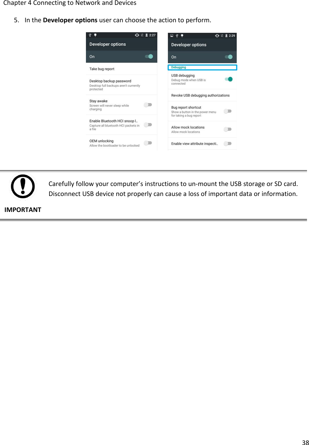 Chapter 4 Connecting to Network and Devices385. In the Developer options user can choose the action to perform.IMPORTANTCarefully follow your computer’s instructions to un-mount the USB storage or SD card.Disconnect USB device not properly can cause a loss of important data or information.